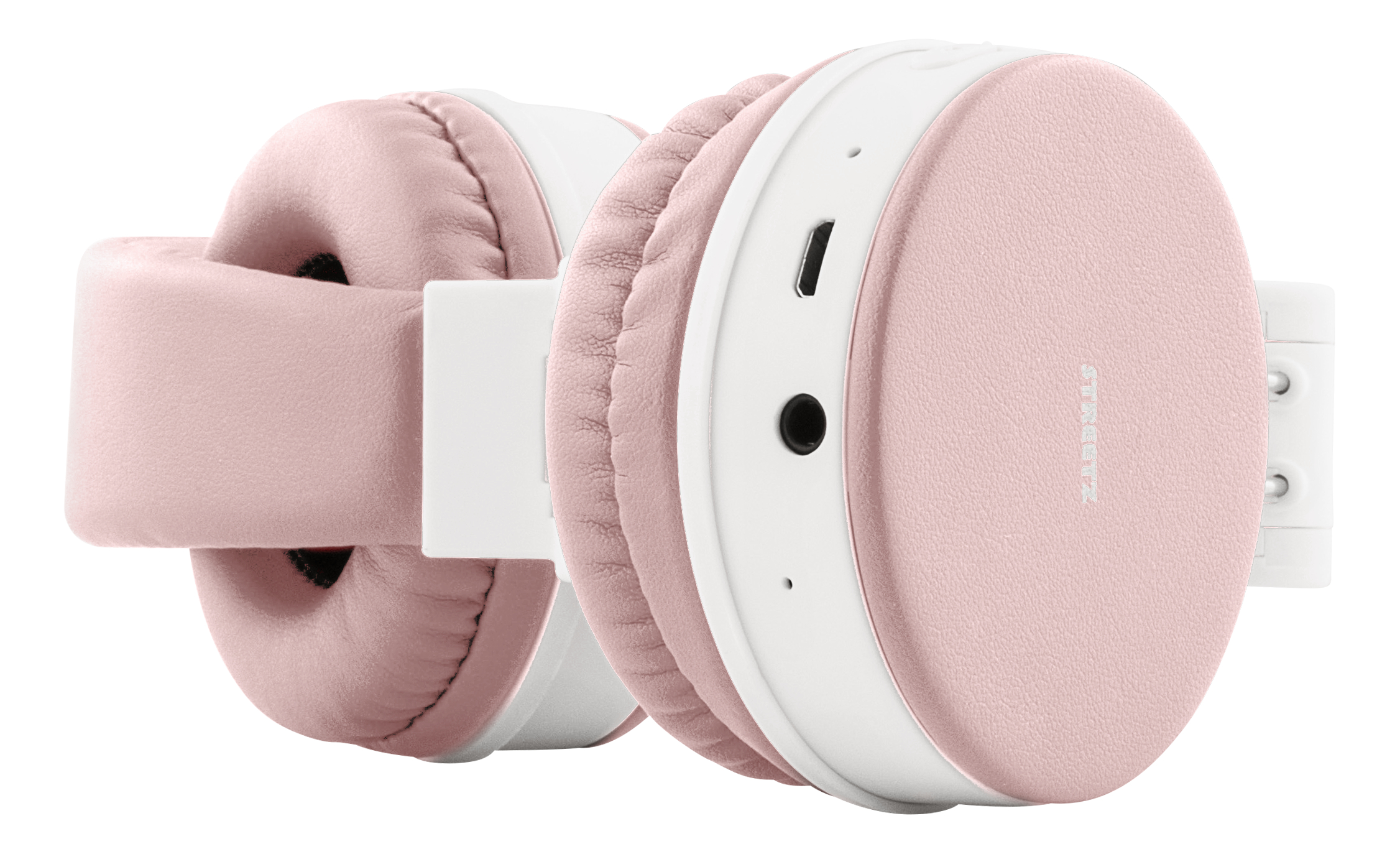 Cuffie rosa e bianche, piegate, con porta USB e jack visibili.