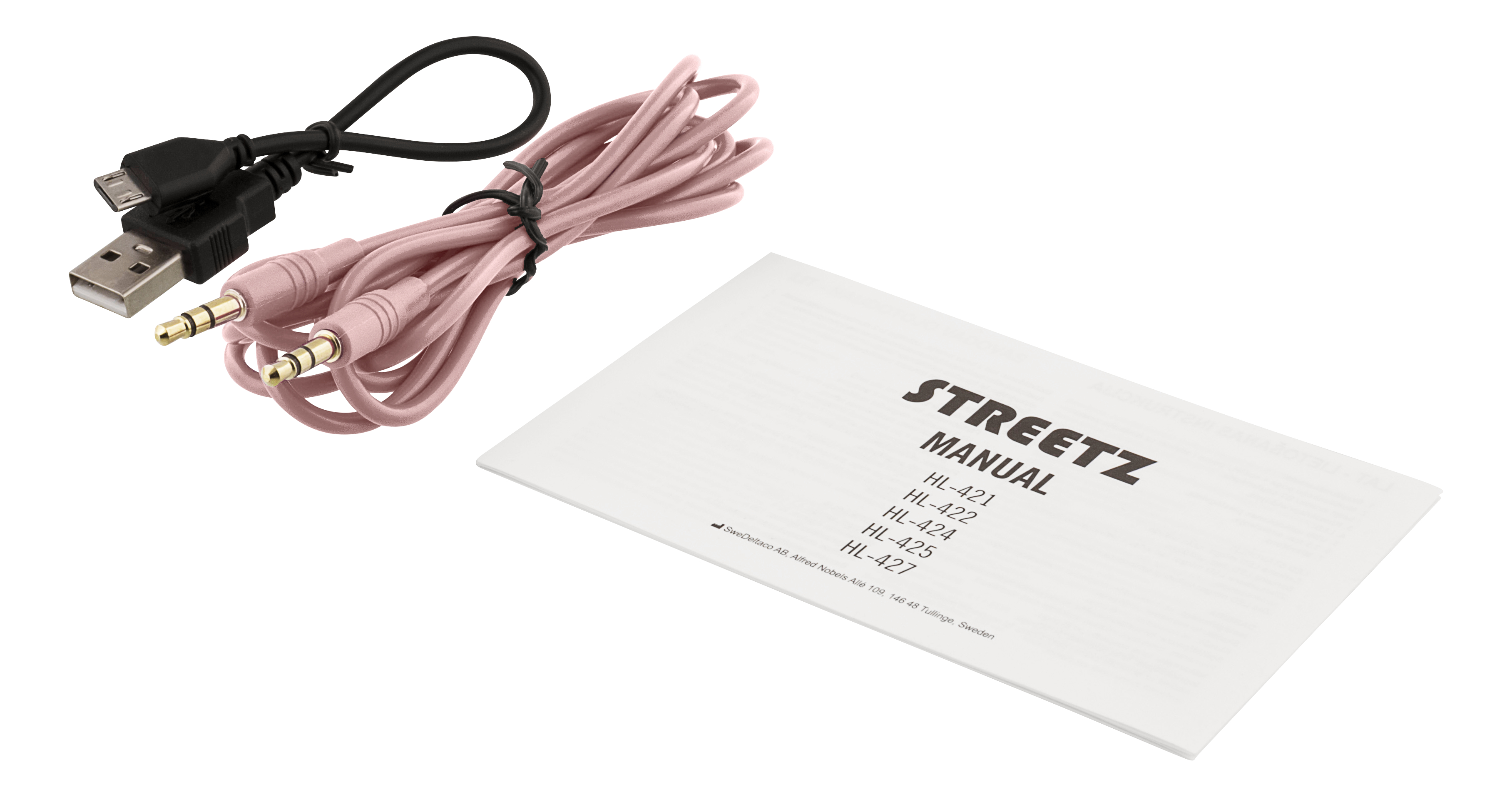 Cavo audio rosa con connettori e cavo USB, un manuale è accanto a loro.