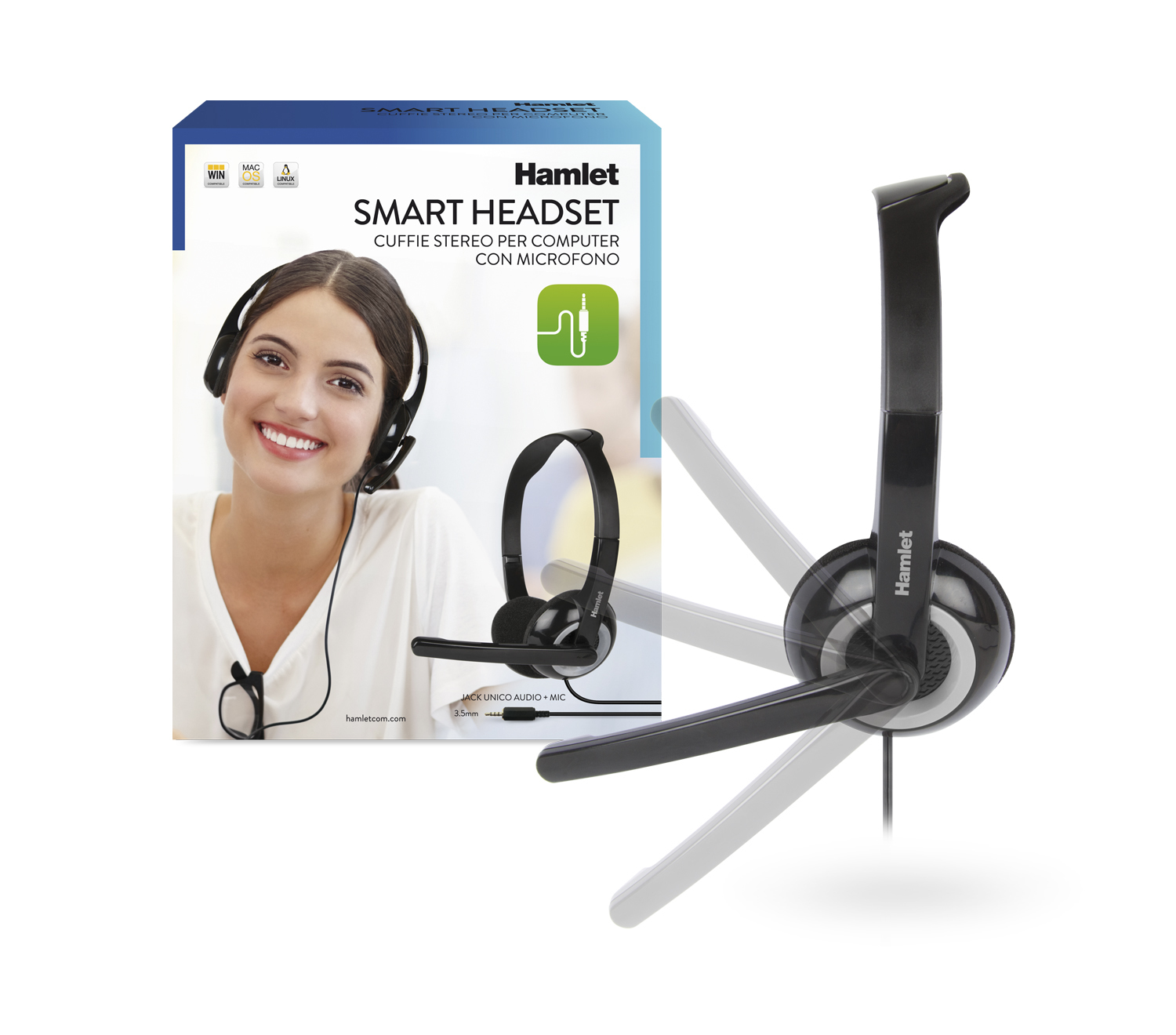 Una caja de producto con unos auriculares y la imagen de una mujer. Los auriculares tienen micrófono y son negros.
