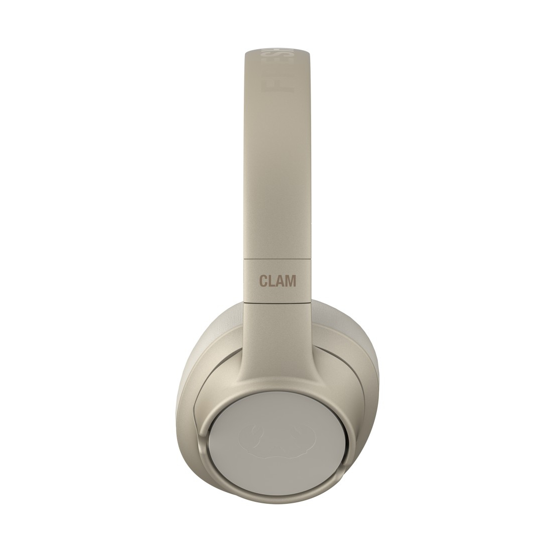 Beige Kopfhörer mit dem Wort 'CLAM' sichtbar. Weißer Hintergrund.