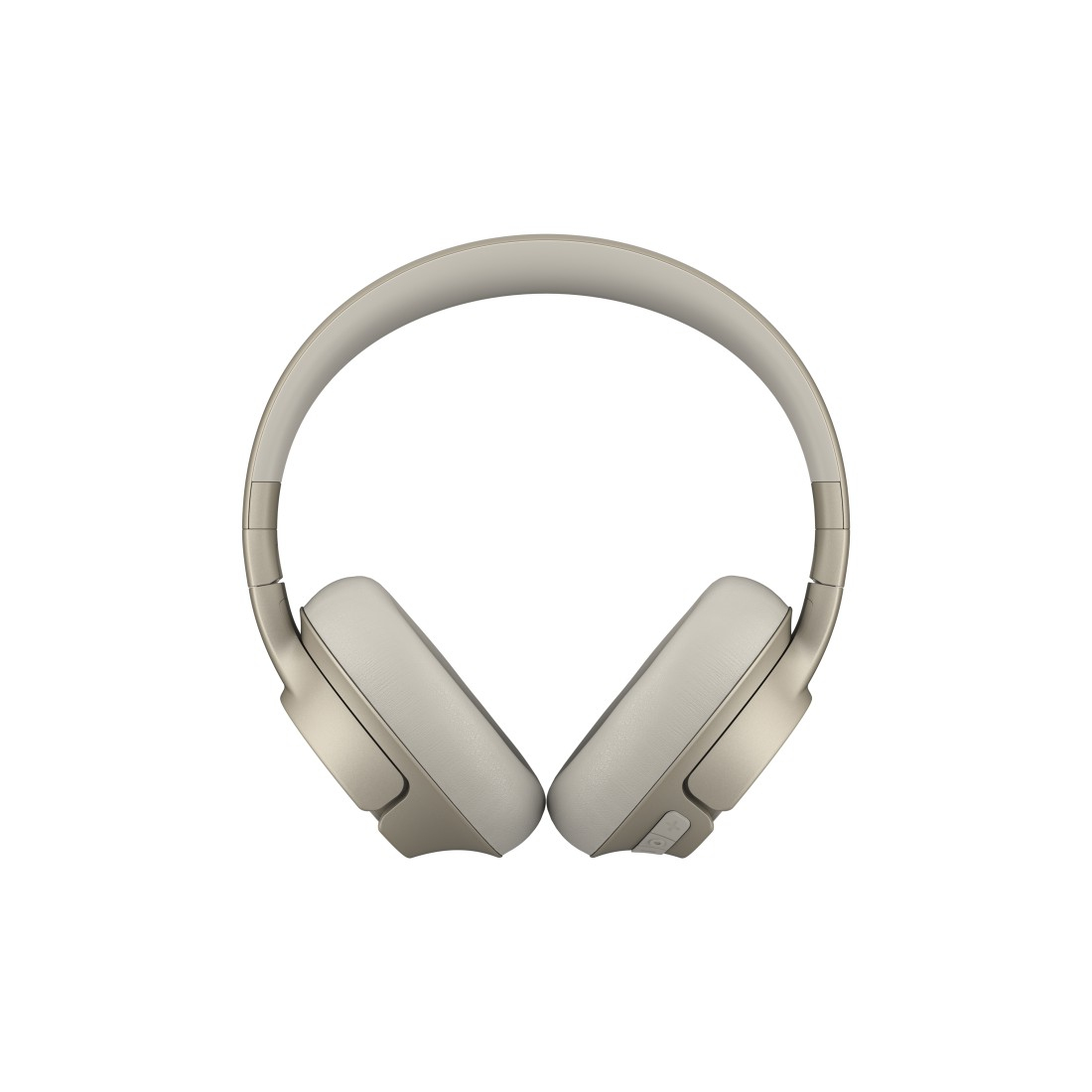 Over-Ear-Kopfhörer in Hellbeige. Sie befinden sich auf weißem Hintergrund.