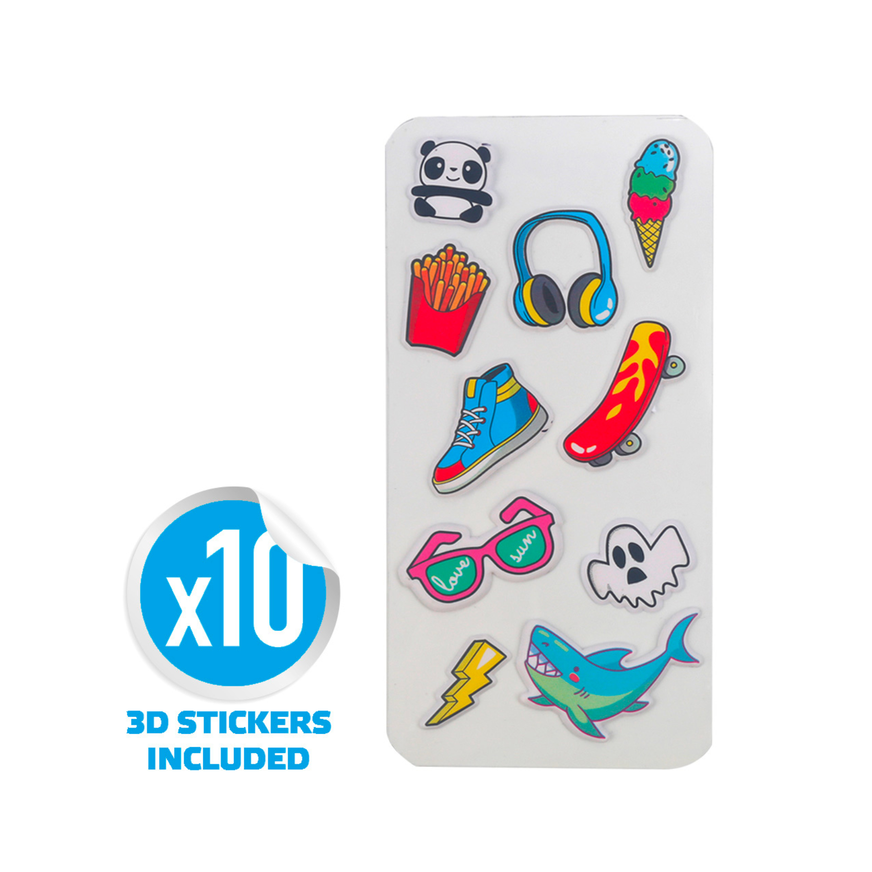 Arkusz naklejek z obrazkami z kreskówek. Zawiera pandę, słuchawki i więcej.