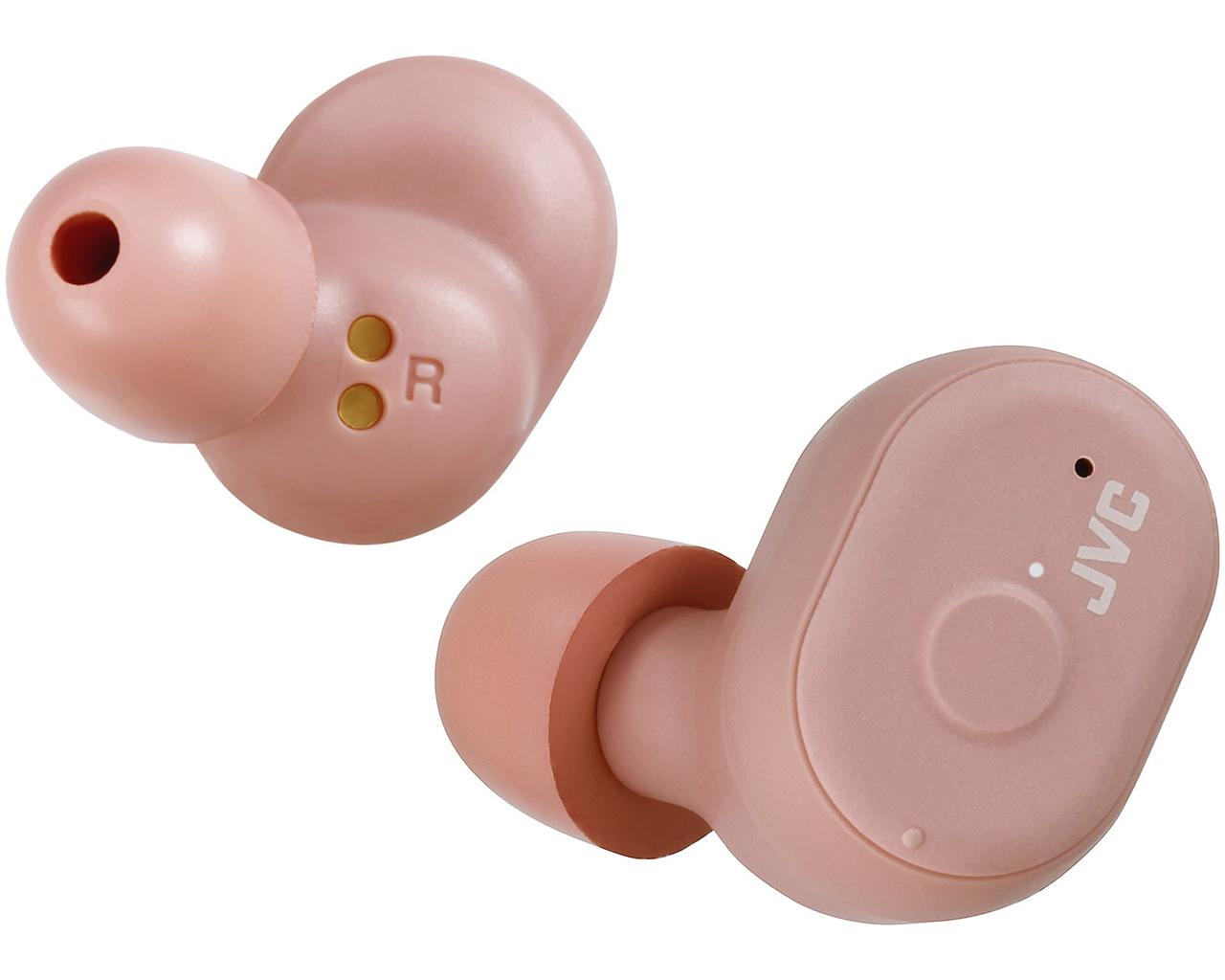 Due auricolari rosa. Uno mostra l'interno, l'altro l'esterno con il marchio 'R'.