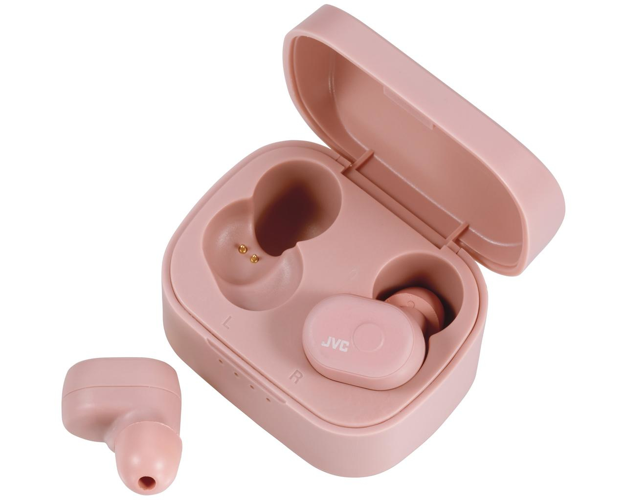 Set di auricolari rosa all'interno di una custodia di ricarica rosa. Un auricolare fuori.