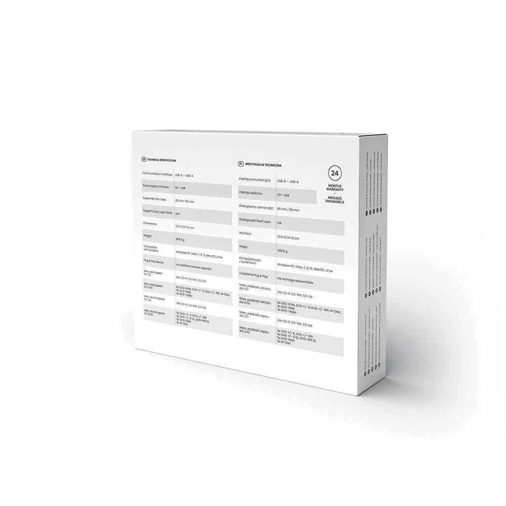 Een witte productdoos. Technische specificaties staan op de doos.