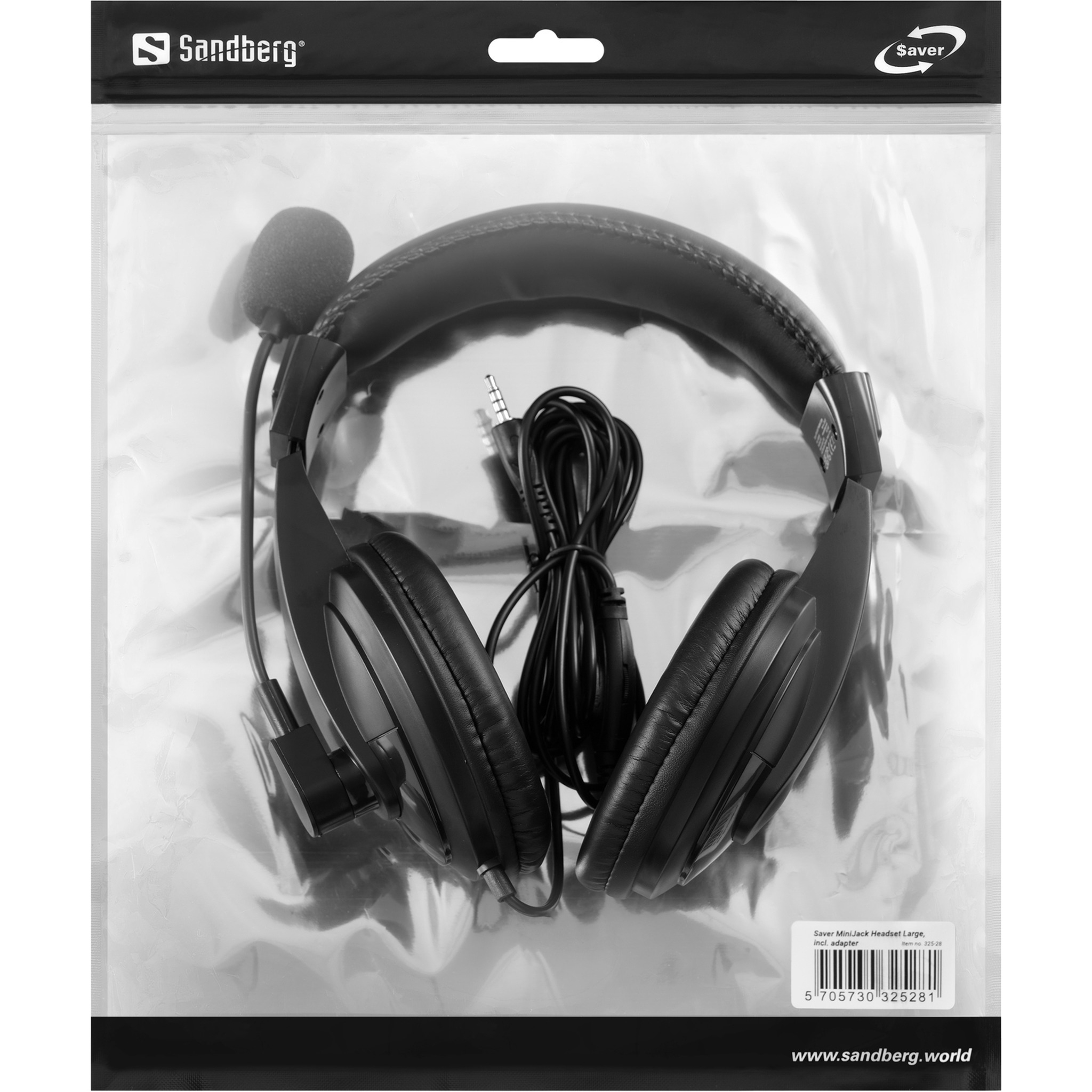 Casque noir dans un sac plastique transparent, avec un logo Sandberg.