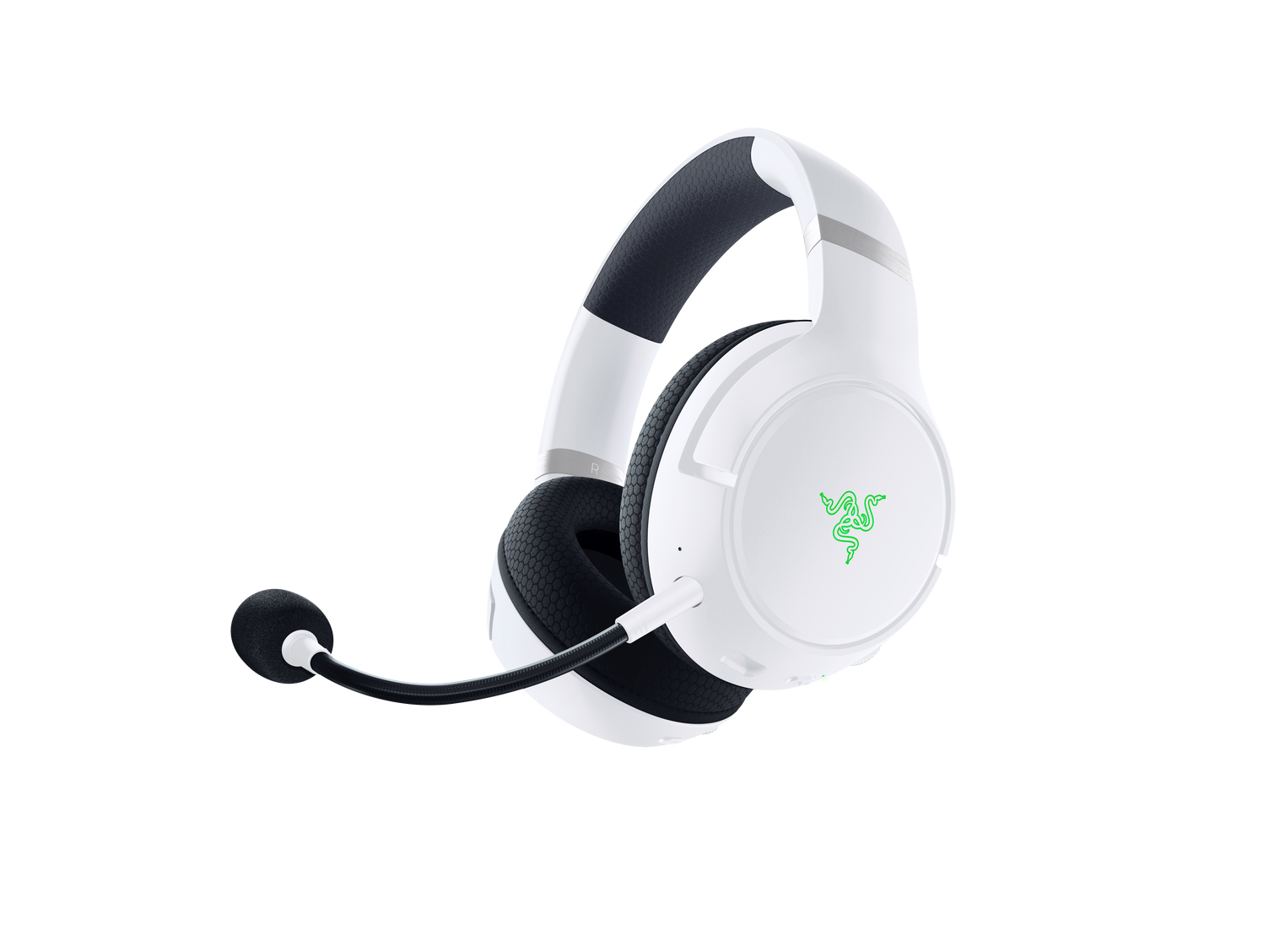 Weißes Razer Gaming-Headset mit schwarzem Mikrofon. Das Razer-Logo ist grün.