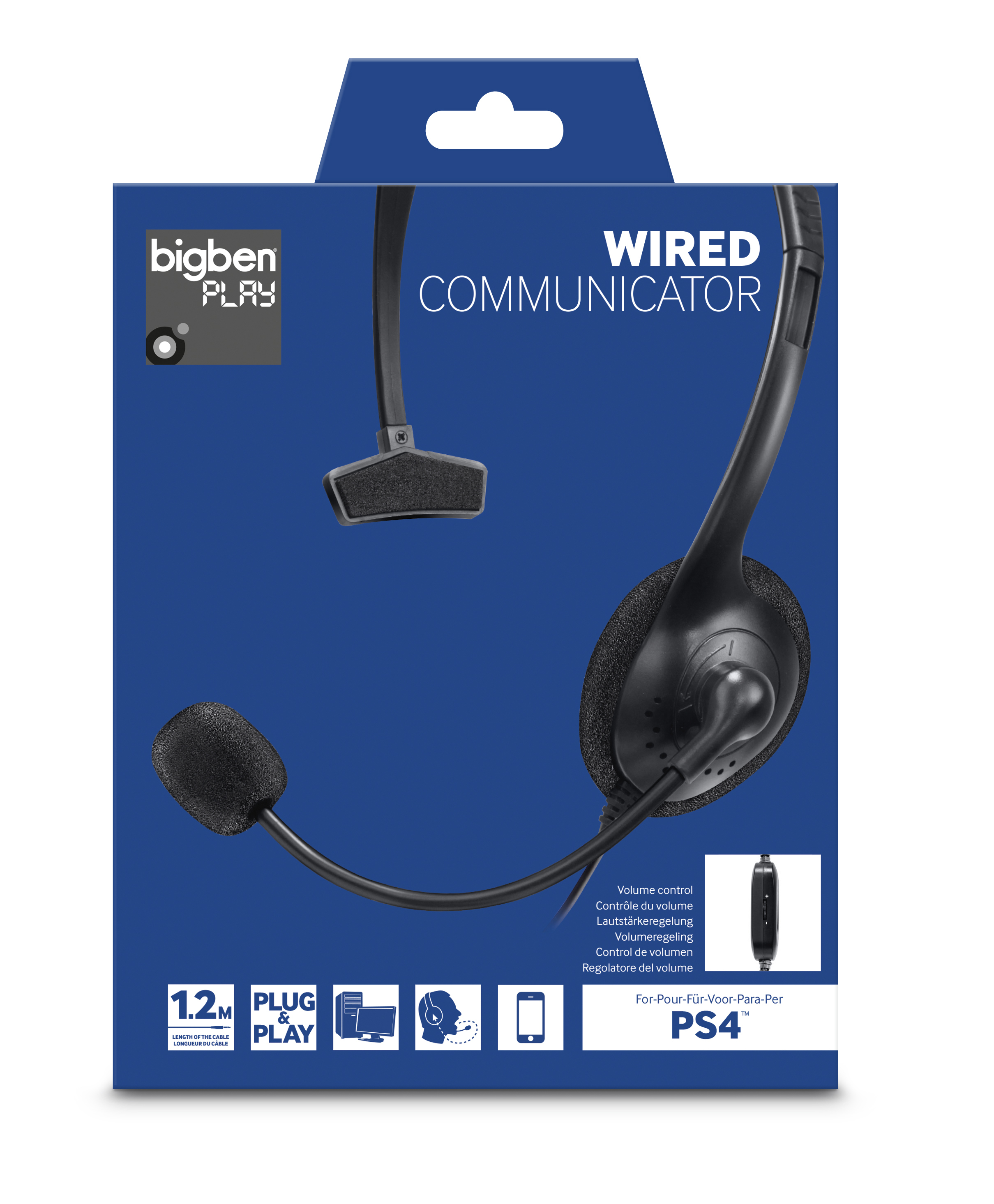 Schwarzes Headset mit Mikrofon in einer blauen Box. Text und Symbole sind aufgedruckt.