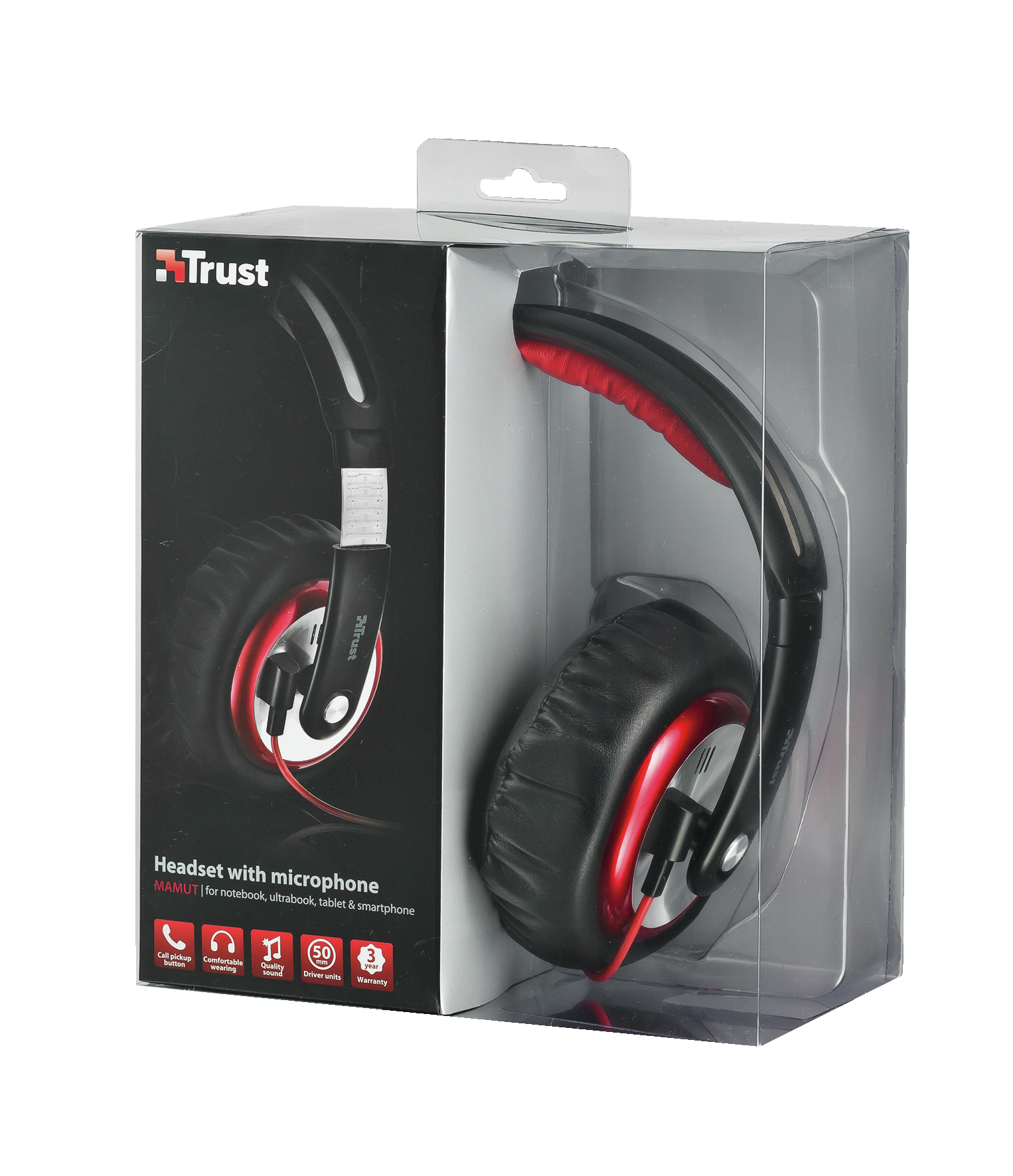 Headset in einer transparenten Plastikbox mit roten Akzenten. Die Box zeigt das Produkt und Details.