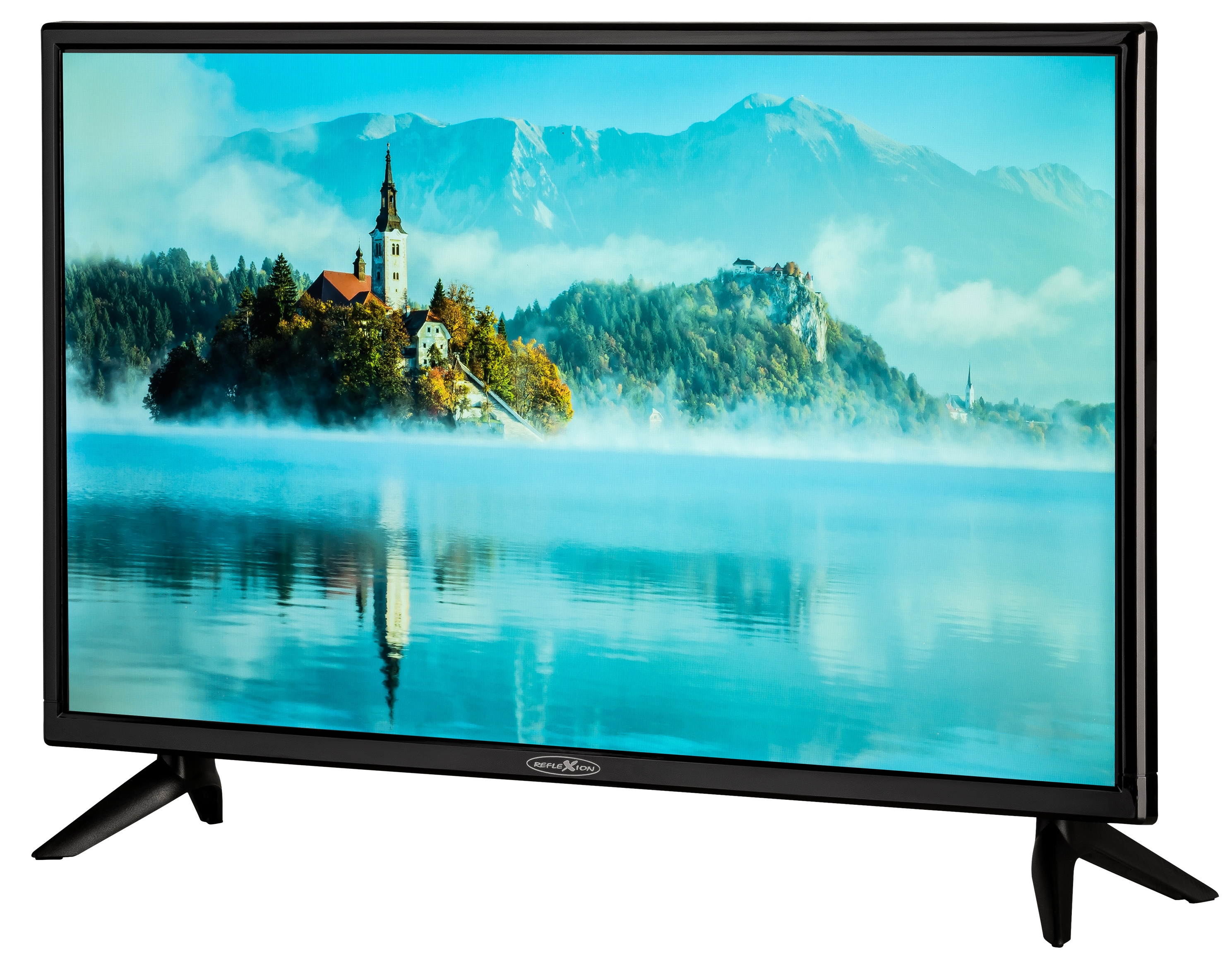 Telewizor z płaskim ekranem wyświetlający scenę jeziora z budynkiem po lewej i górami w tle.