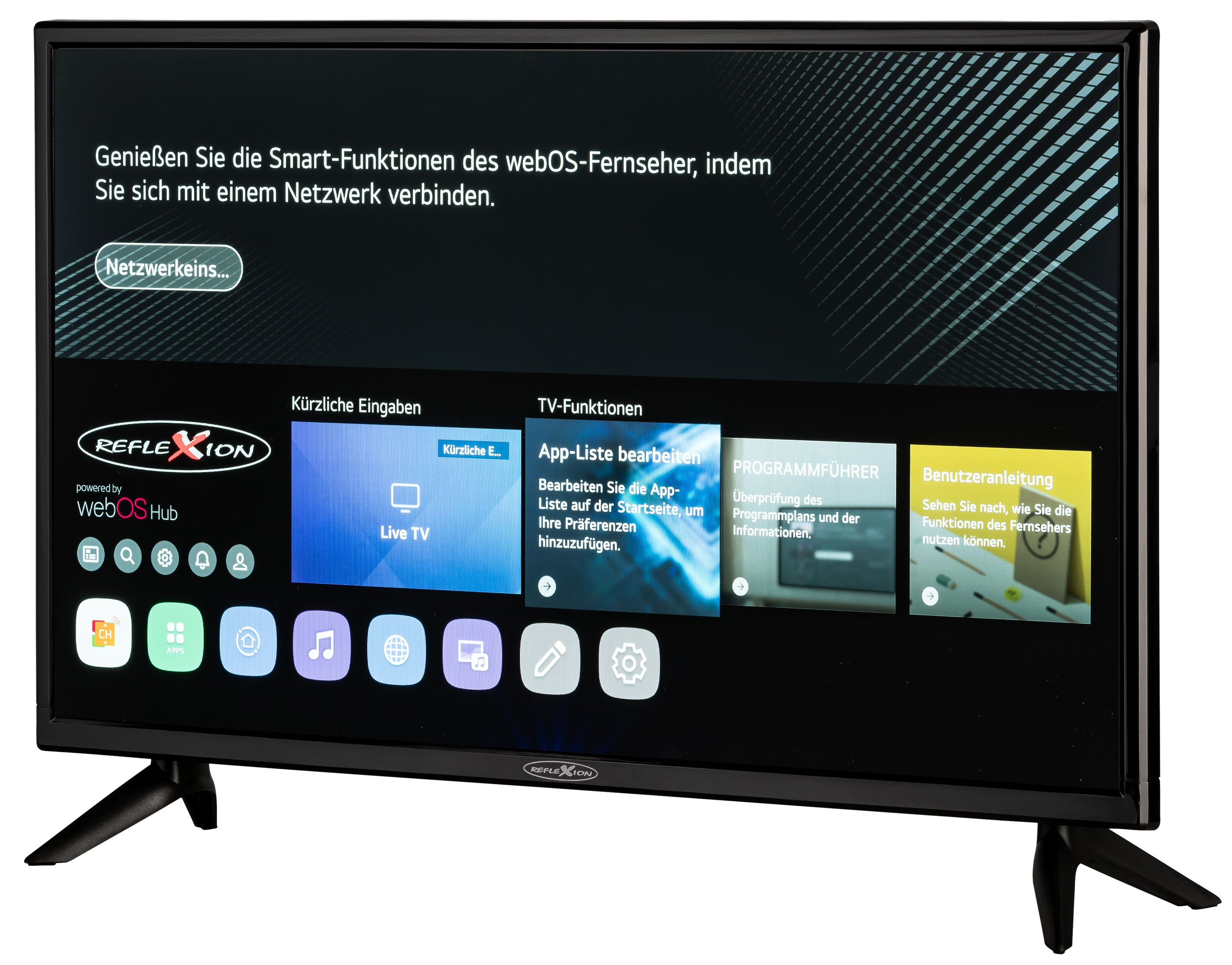 Czarny telewizor wyświetla menu. Tekst po niemiecku. Ma czarną podstawę.