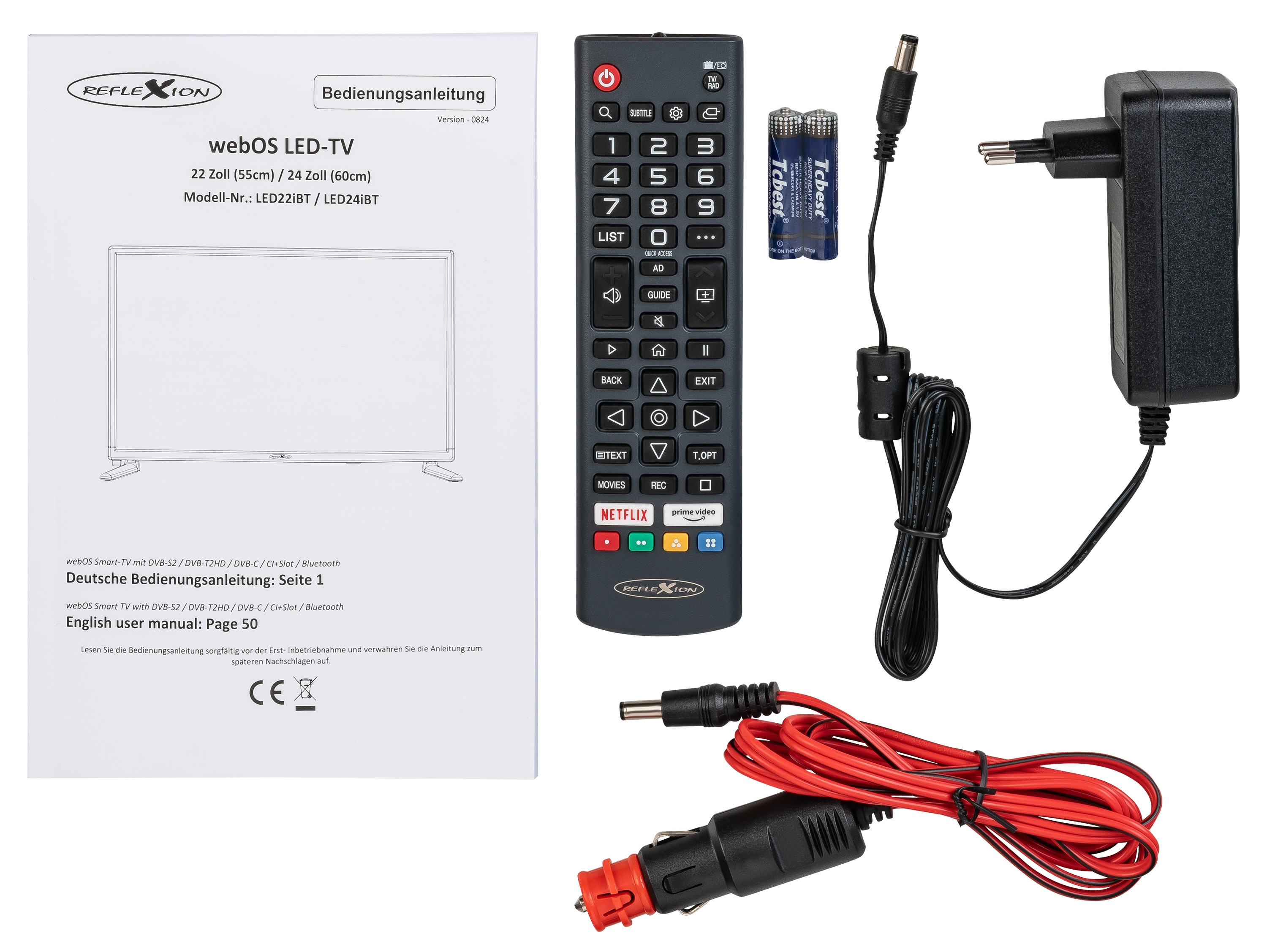 Telewizor LED WebOS i akcesoria: pilot, baterie, zasilacz i instrukcja obsługi.
