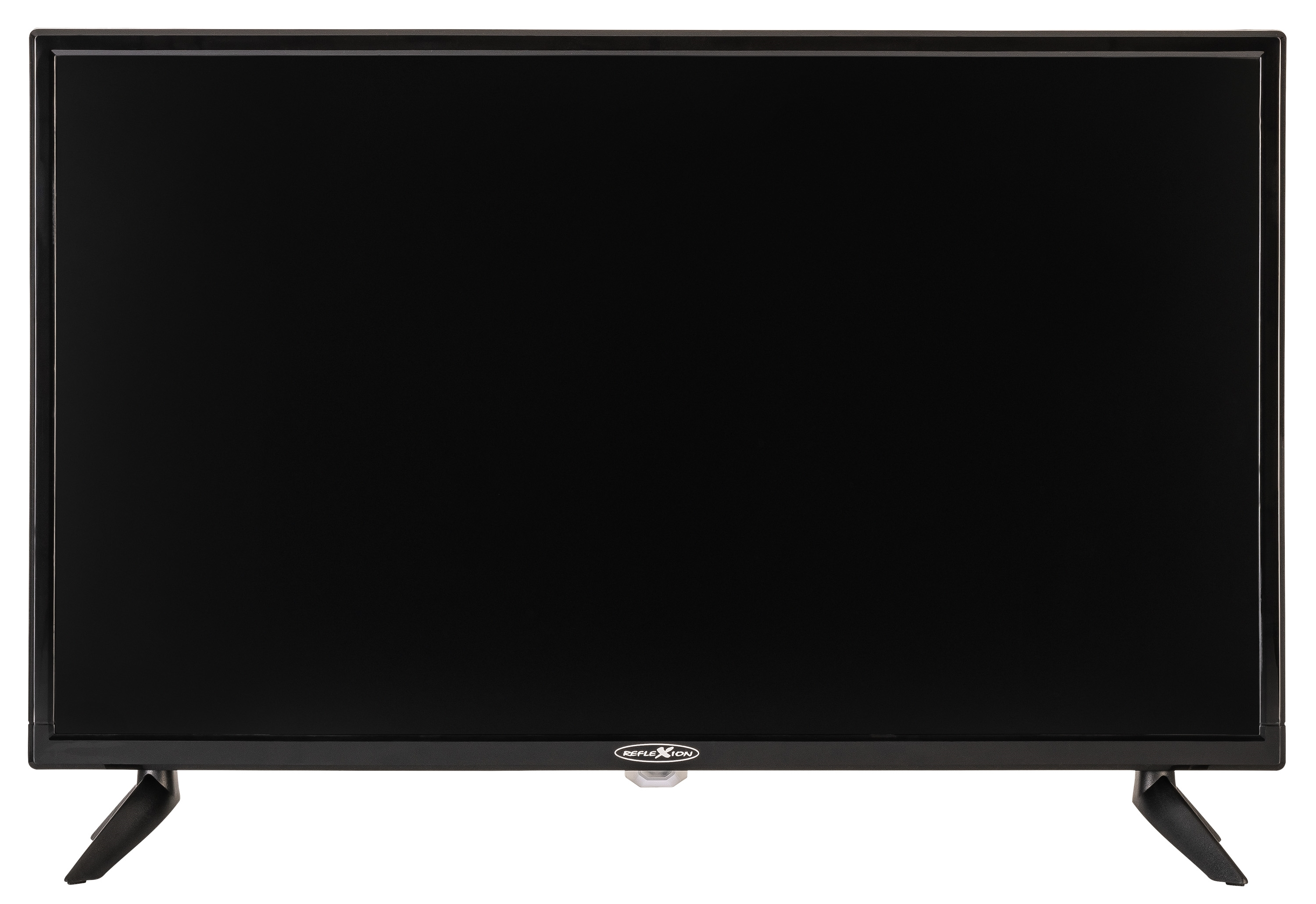 Czarny ekran telewizora. Tło jest białe. Telewizor stoi na swoim stojaku.