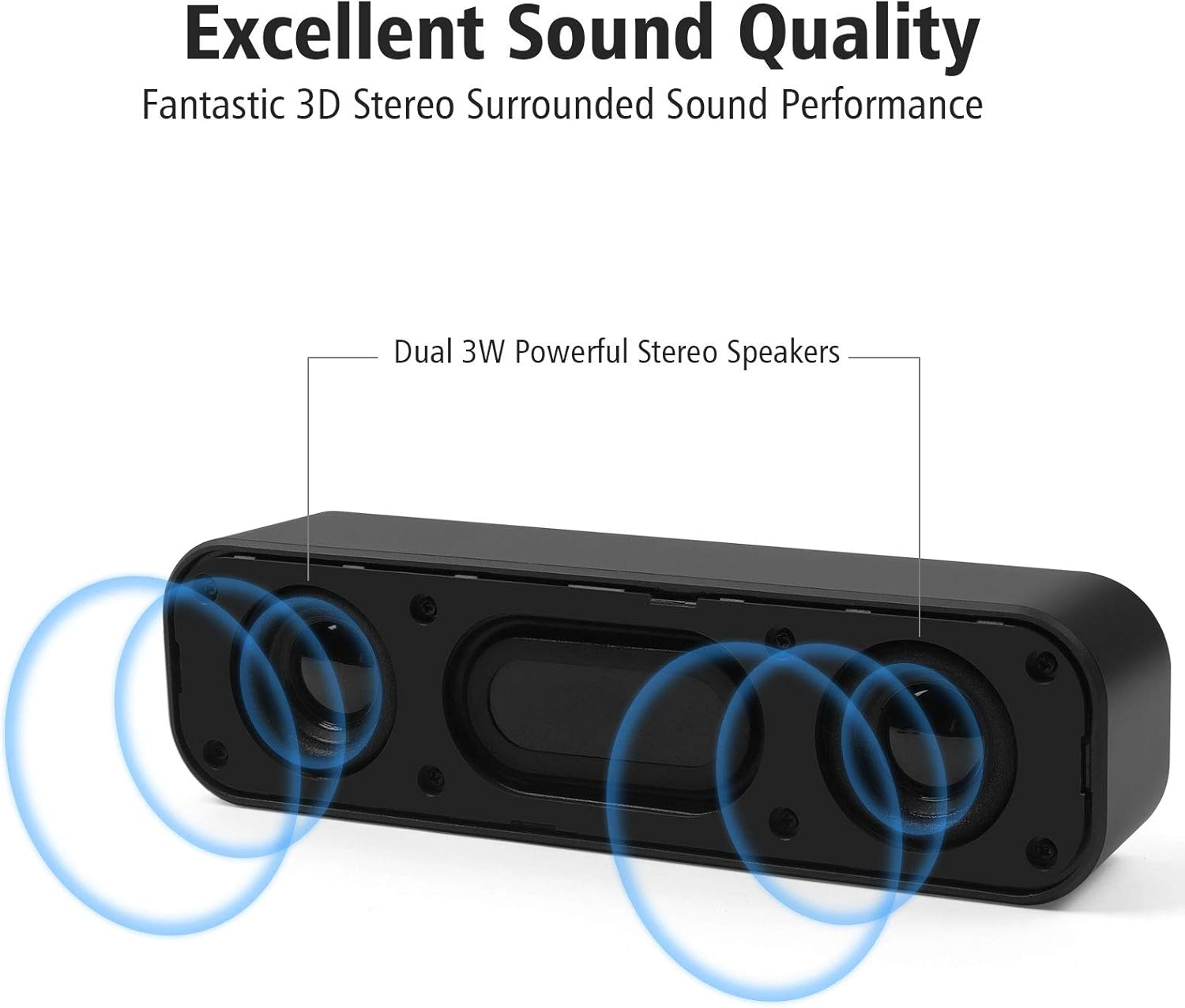 Schwarze Soundbar mit Text. Blaue Schallwellen sind hervorgehoben. Weißer Hintergrund.