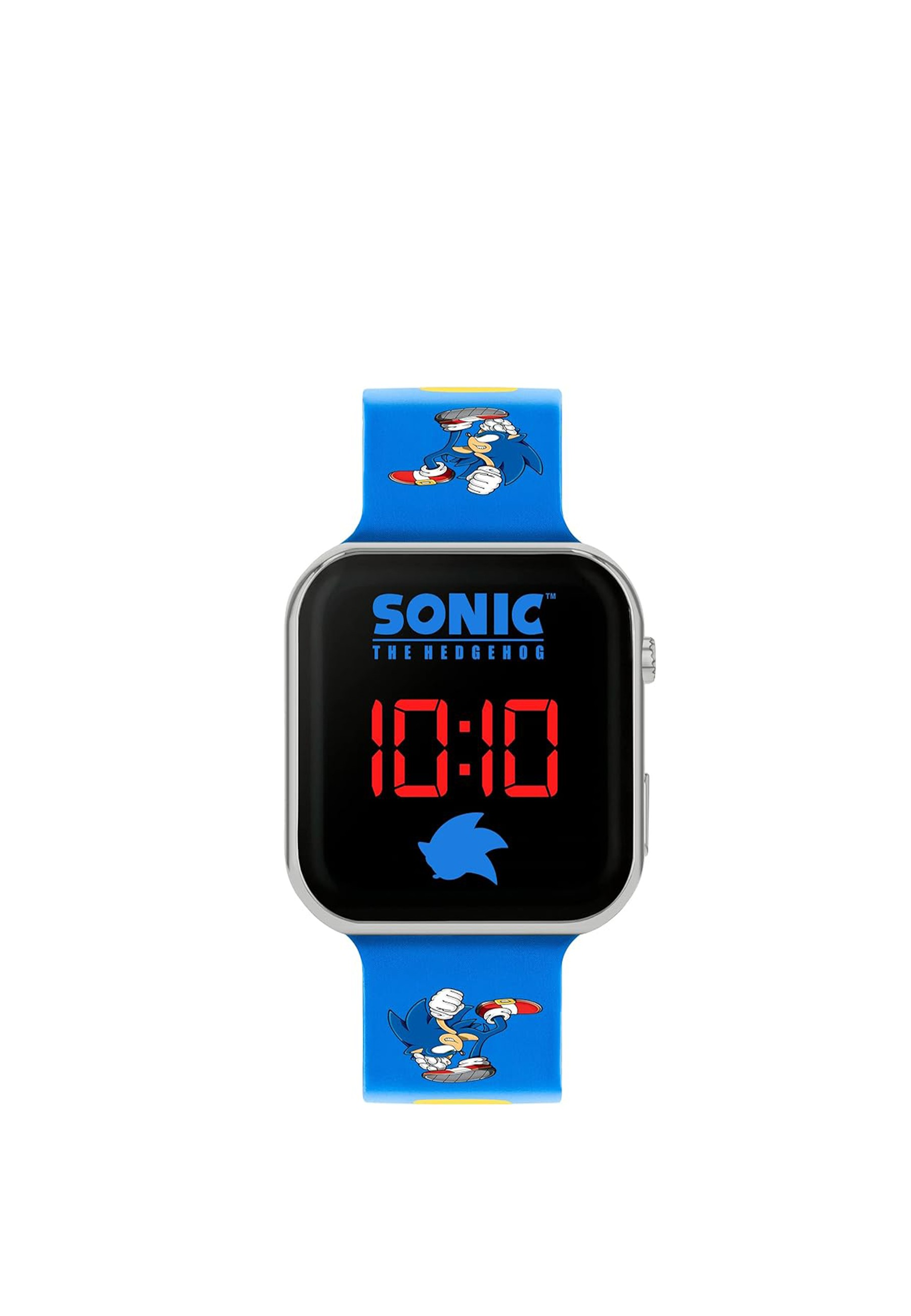 Montre Sonic the Hedgehog avec bracelet bleu, cadran noir affichant 10:10. Fond blanc.