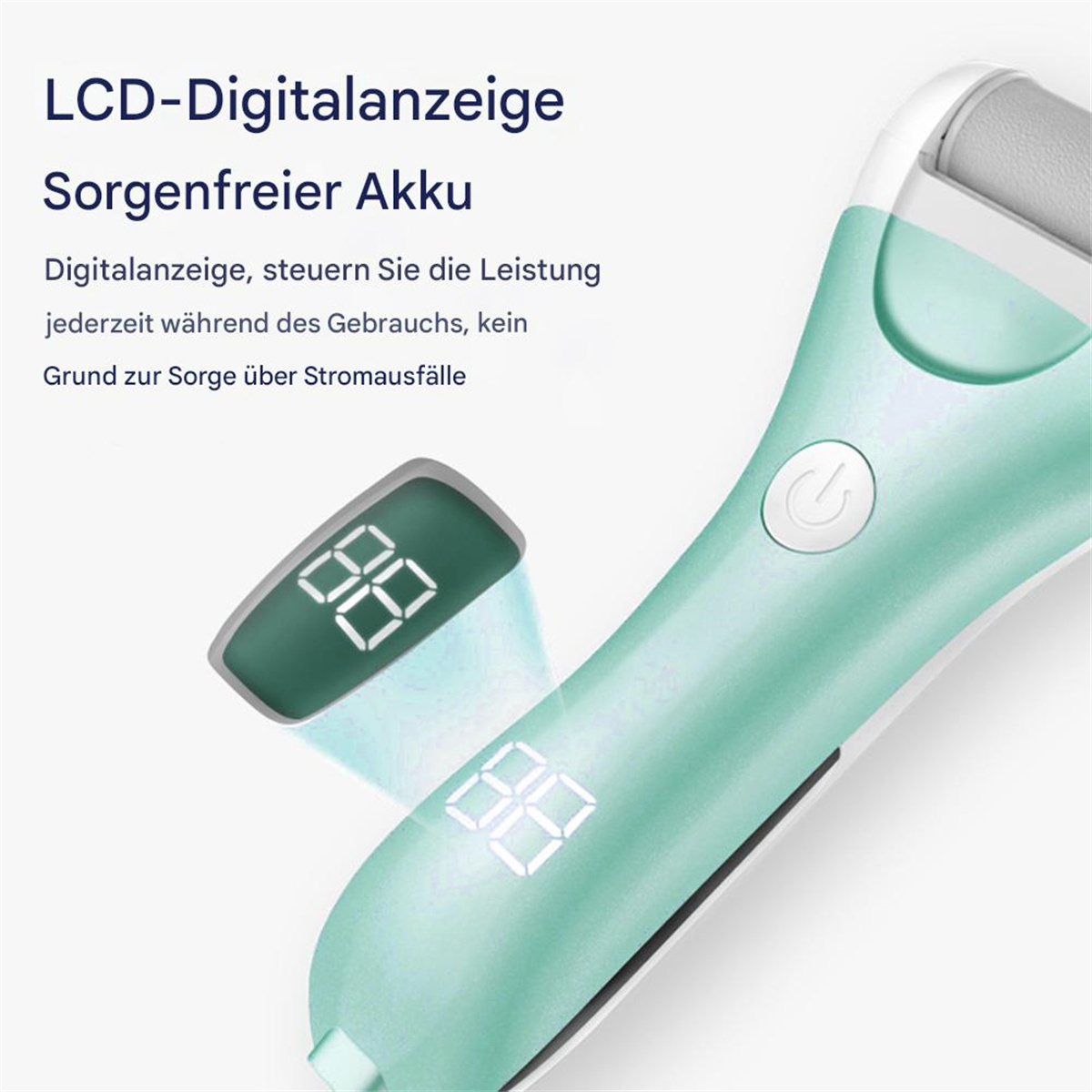 Fußfeile mit LCD-Anzeige. Sie ist mintgrün mit einer weißen Anzeige, die zwei Zahlen zeigt.