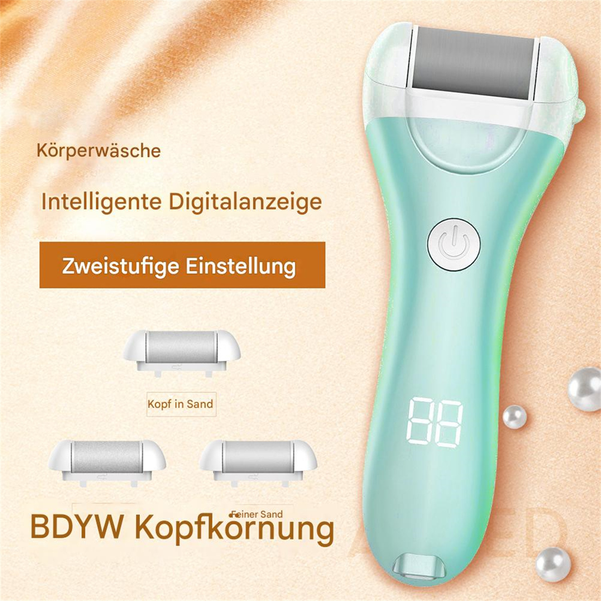 Elektrische Fußfeile, türkis und weiß, mit Digitalanzeige und drei Ersatzköpfen.