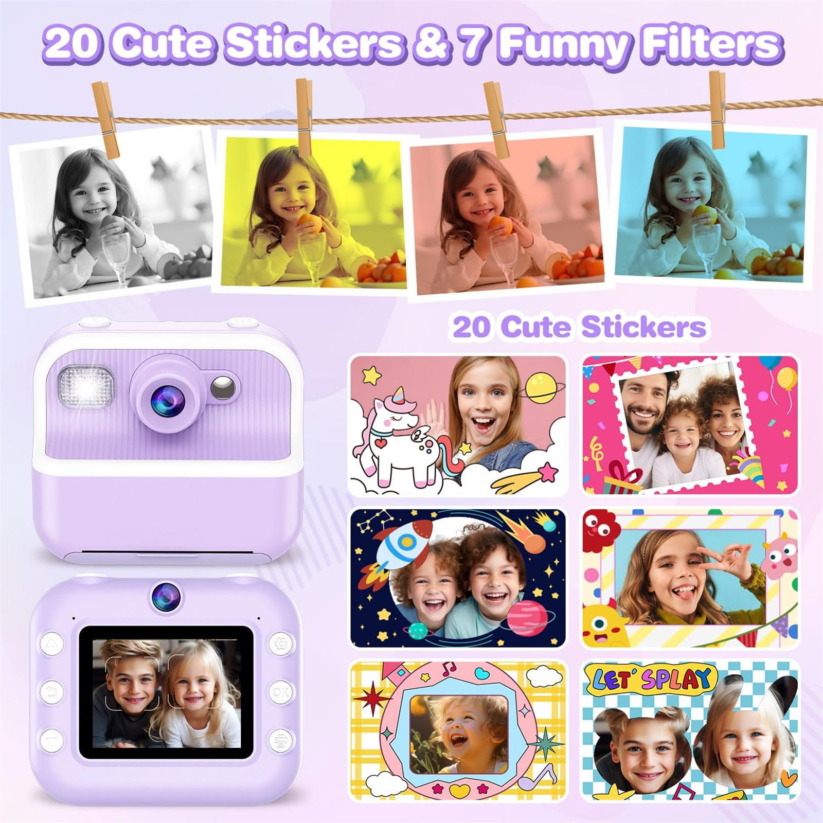 Eine lila Kamera mit Fotos und Aufklebern, ein Mädchen mit Getränk und verschiedene Aufkleberdesigns sind sichtbar.