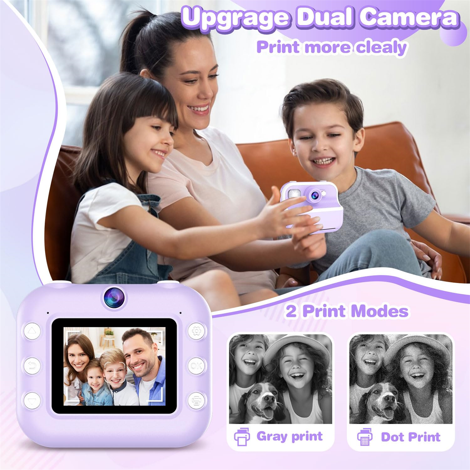 Familie macht Foto mit lila Sofortbildkamera, darunter gedruckte Beispielbilder.