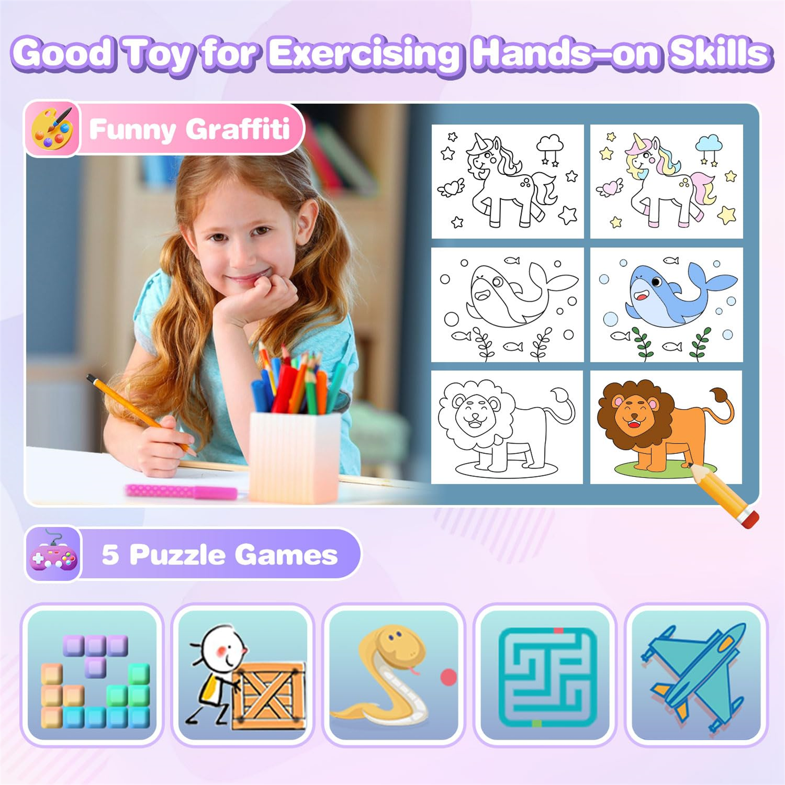 Ein Mädchen malt auf einer Seite. Die Bilder zeigen ein Mädchen mit Zeichnungen. Die Bilder haben Puzzles, ein Einhorn, einen Löwen und einen Wal.