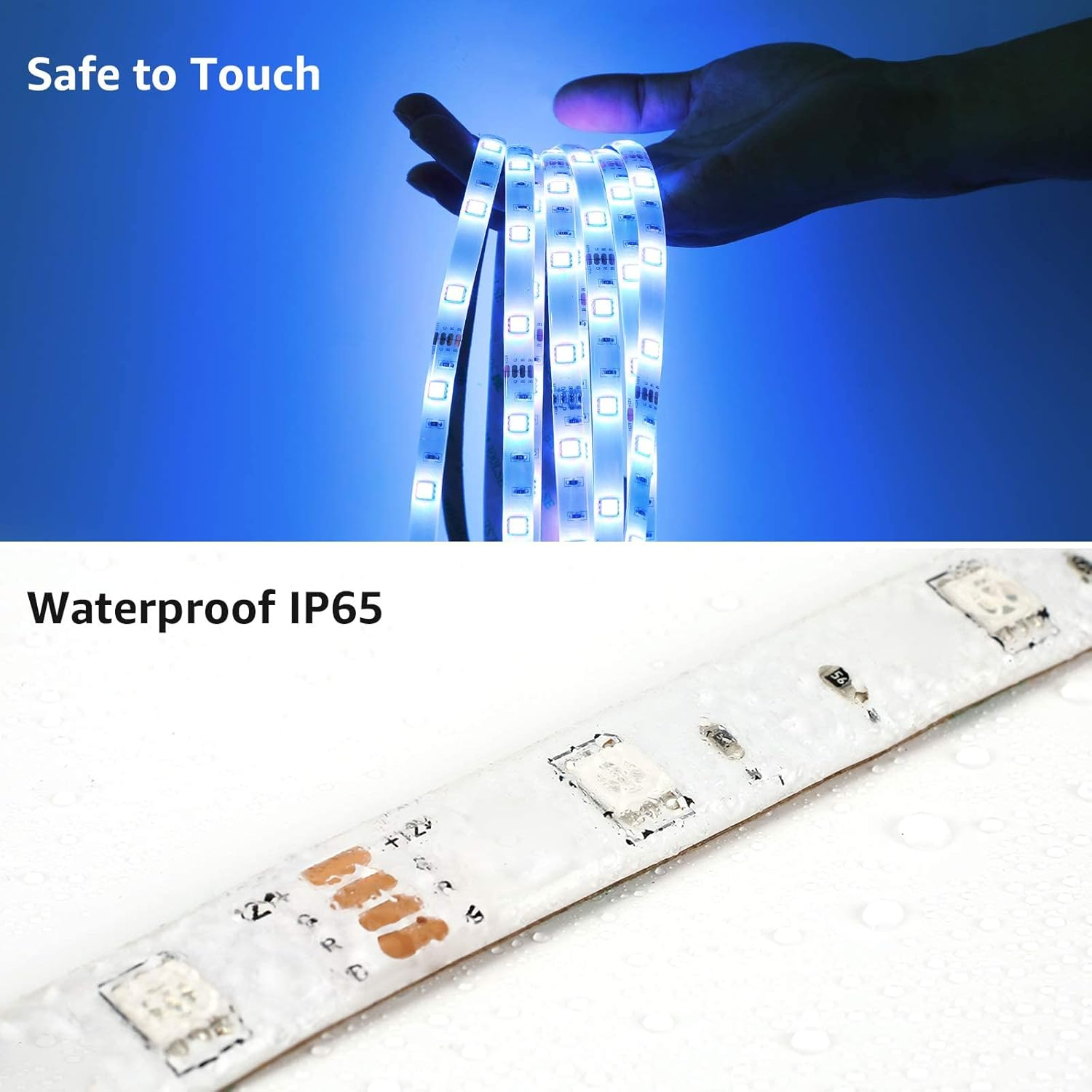 Zwei Bilder zeigen blaue LED-Streifen. Eines zeigt die Lichter in der Hand, das andere den Streifen.