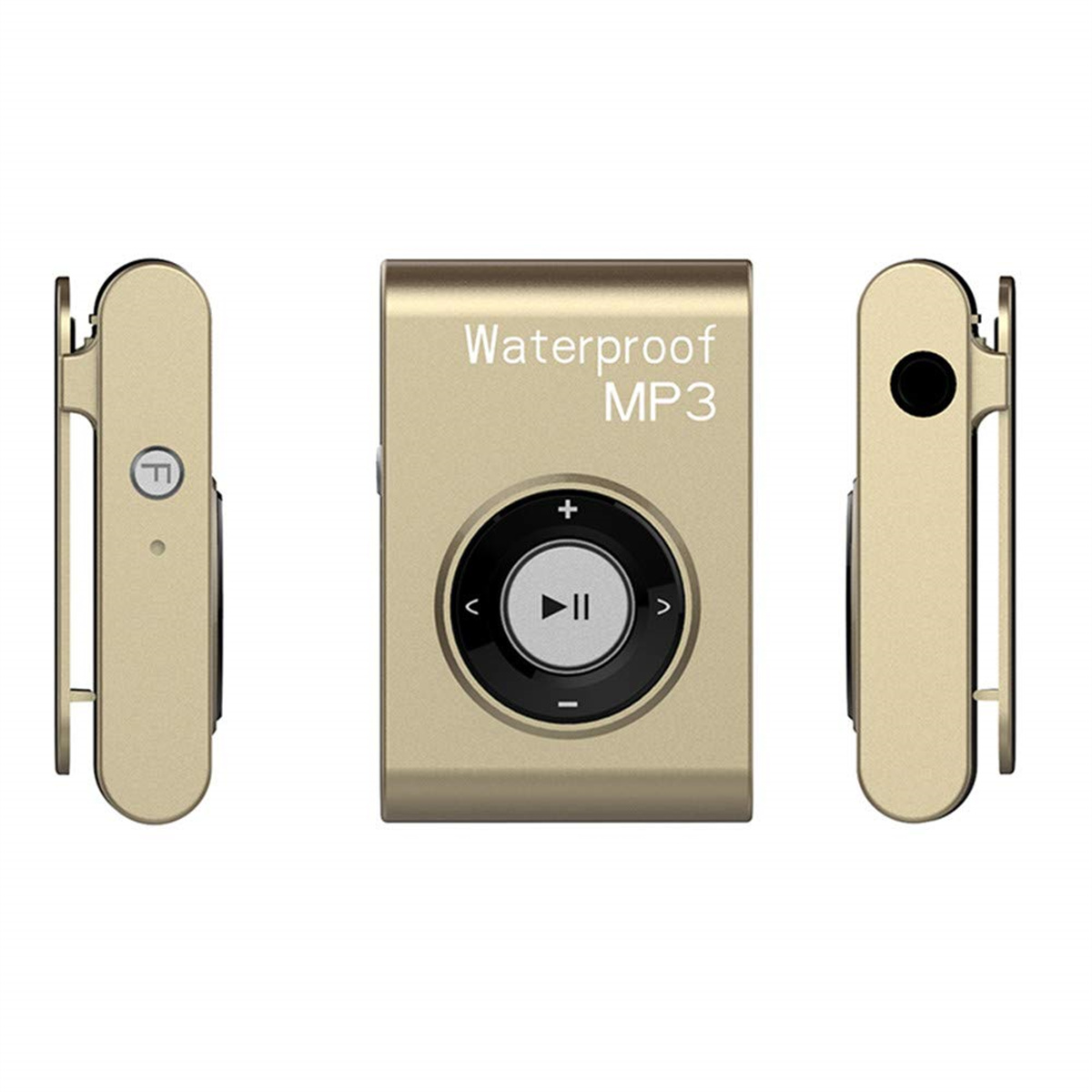 Goldener wasserdichter MP3-Player, drei Ansichten: vorne, seitlich und hinten mit Clip.