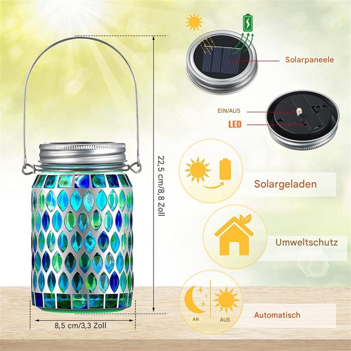 Ein Mosaikglas mit Griff und Solarpanel. Merkmale mit deutschen Beschriftungen.