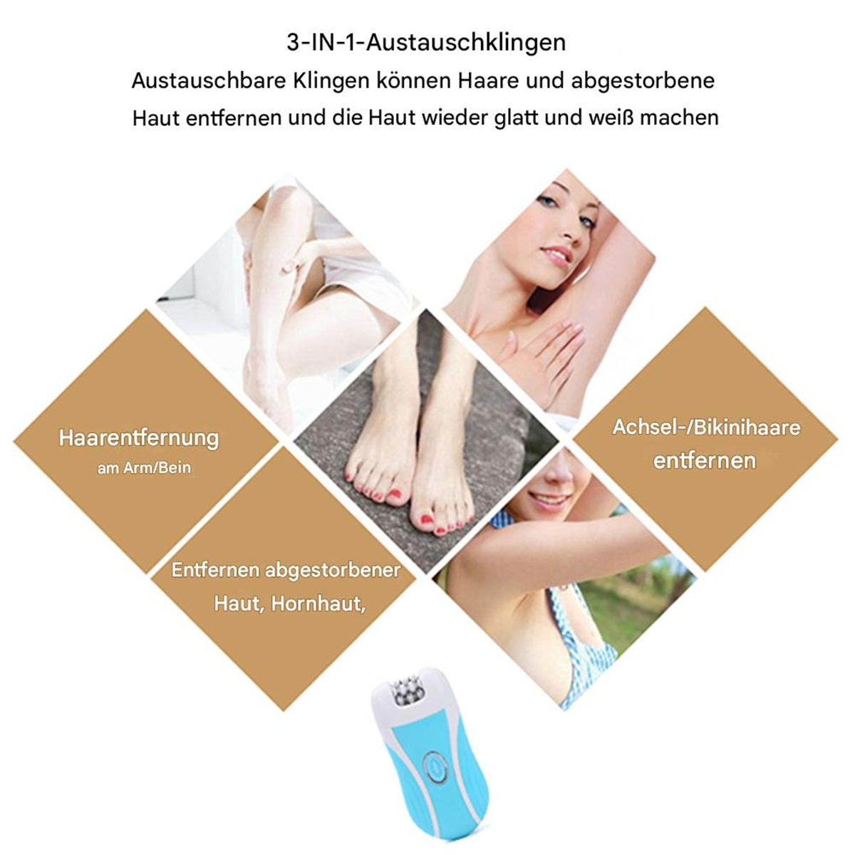 Diagramm eines Epilierers mit Bildern zur Haarentfernung an Armen, Beinen und Achseln.