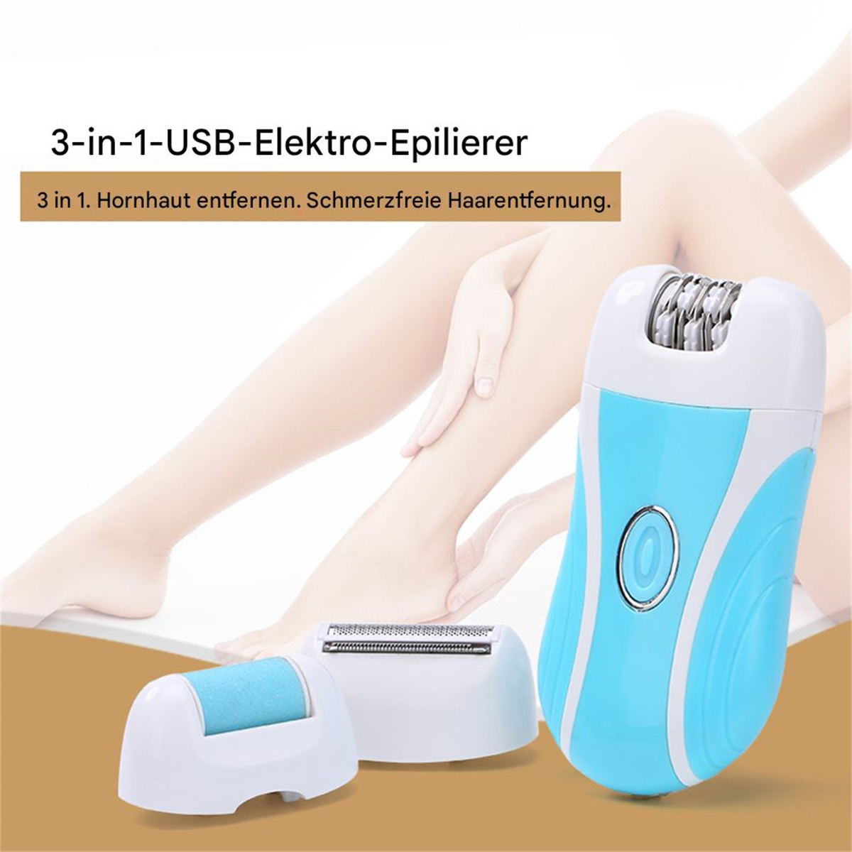 Elektrischer Epilierer mit drei Aufsätzen und Beinen im Hintergrund. Weißer Hintergrund.