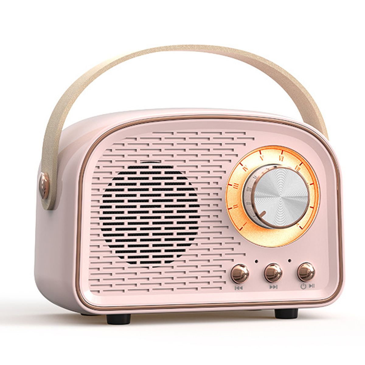Ein rosa Radio im Retro-Stil mit Griff, Drehknopf und Knöpfen.