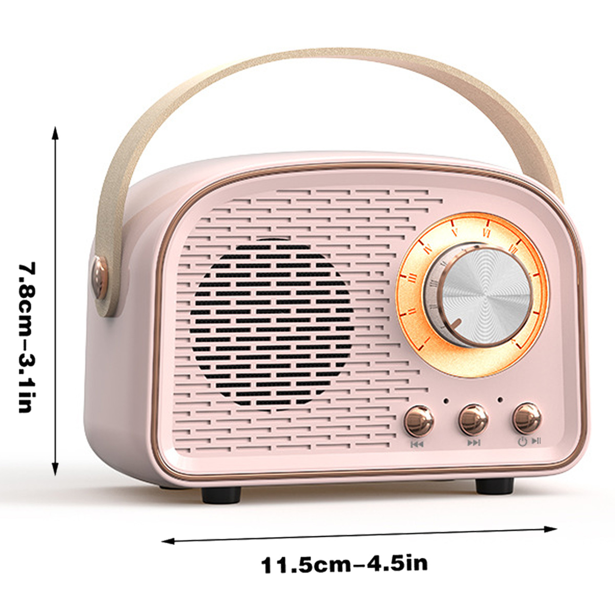 Rosa Radio im Retro-Stil mit Tragegriff. Merkmale sind ein Drehknopf und Tasten.