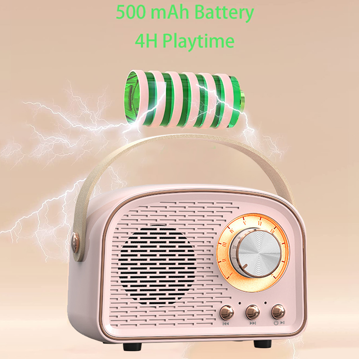 Rosa Radio im Retro-Stil mit Griff, Batterie-Grafik und Text.