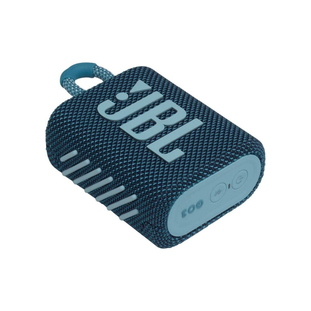 Blau-schwarzer JBL-Lautsprecher auf weißem Hintergrund, mit JBL-Logo und Bedienelementen oben.