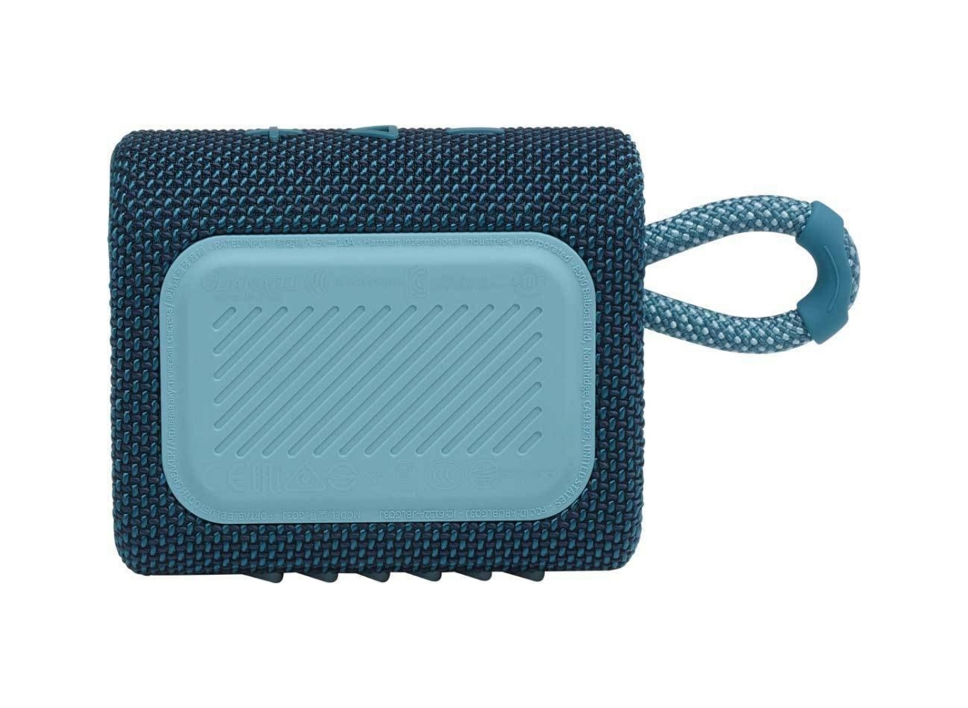 Ein kleiner blau-schwarzer Lautsprecher mit Griff. Es hat eine Netzstruktur und ein Bedienfeld an der Unterseite.