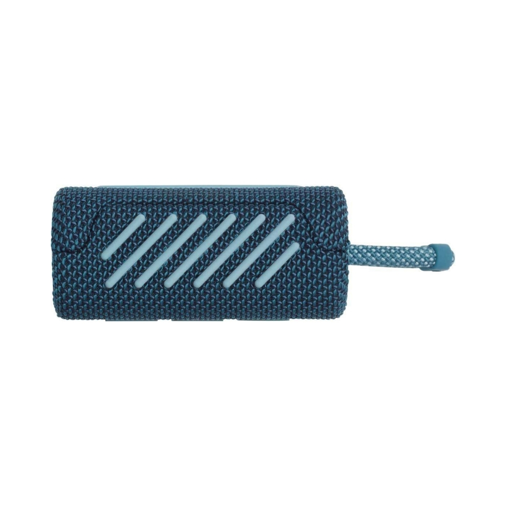 Ein kleiner blauer und grauer Lautsprecher mit diagonalen weißen Linien auf der Vorderseite.