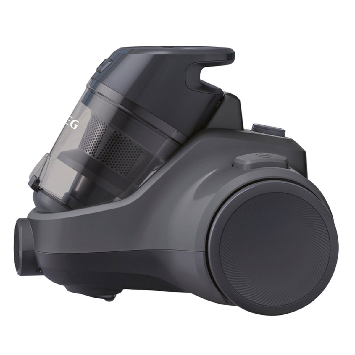 A dark grey vacuum cleaner is on a white background, showing the side view.