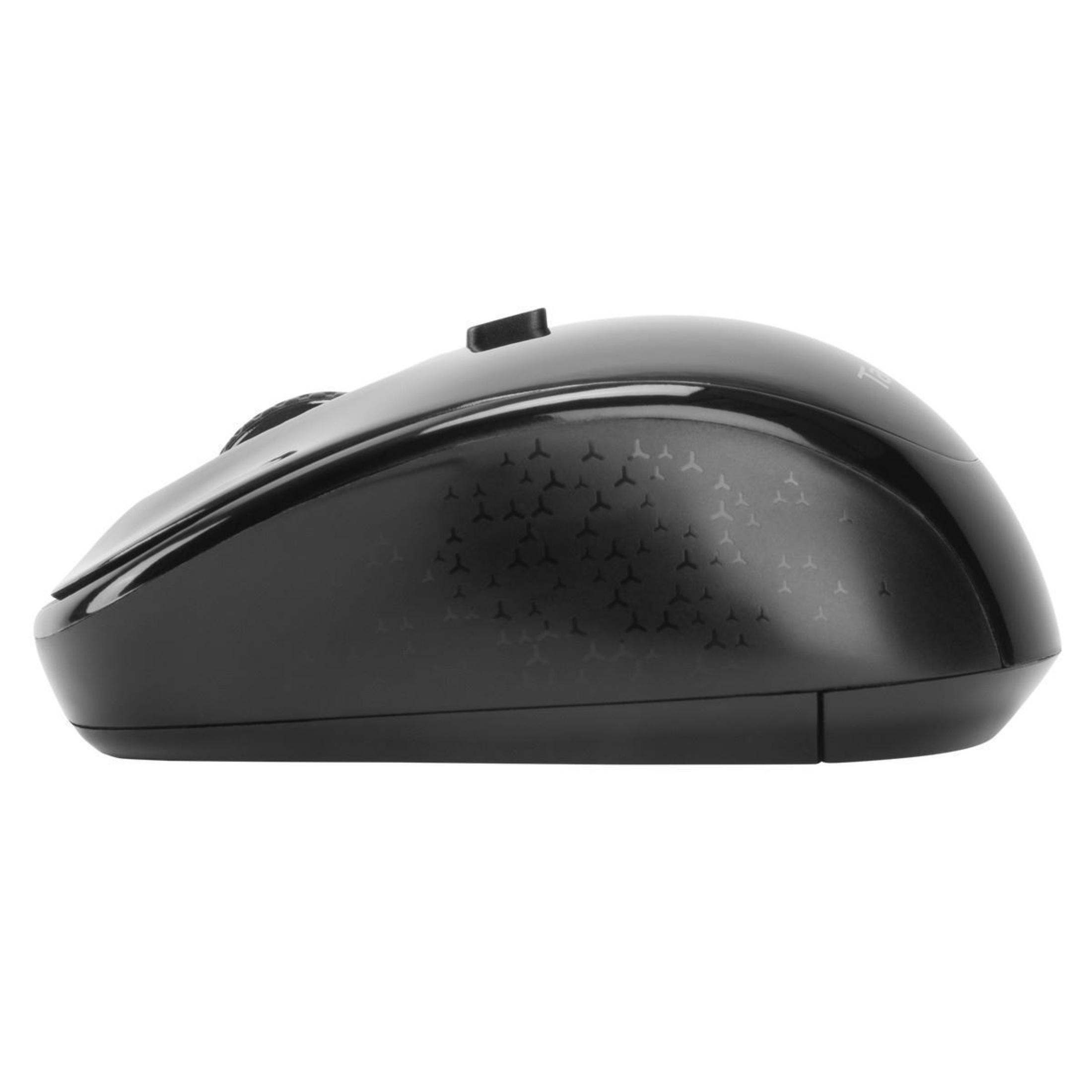 Black wireless mouse with a textured pattern, viewed from the side, on a white background.