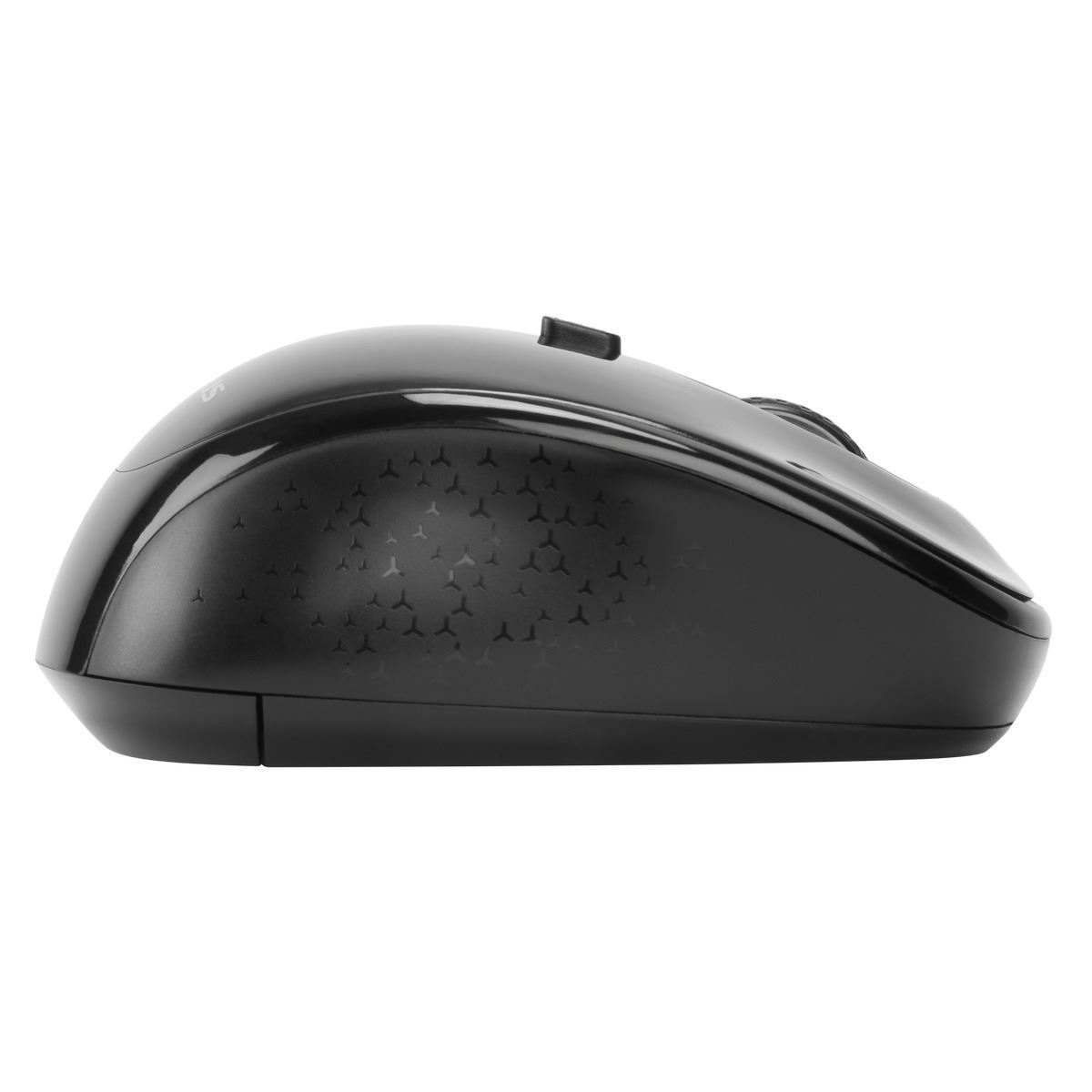 Black mouse with a patterned design. White background.
