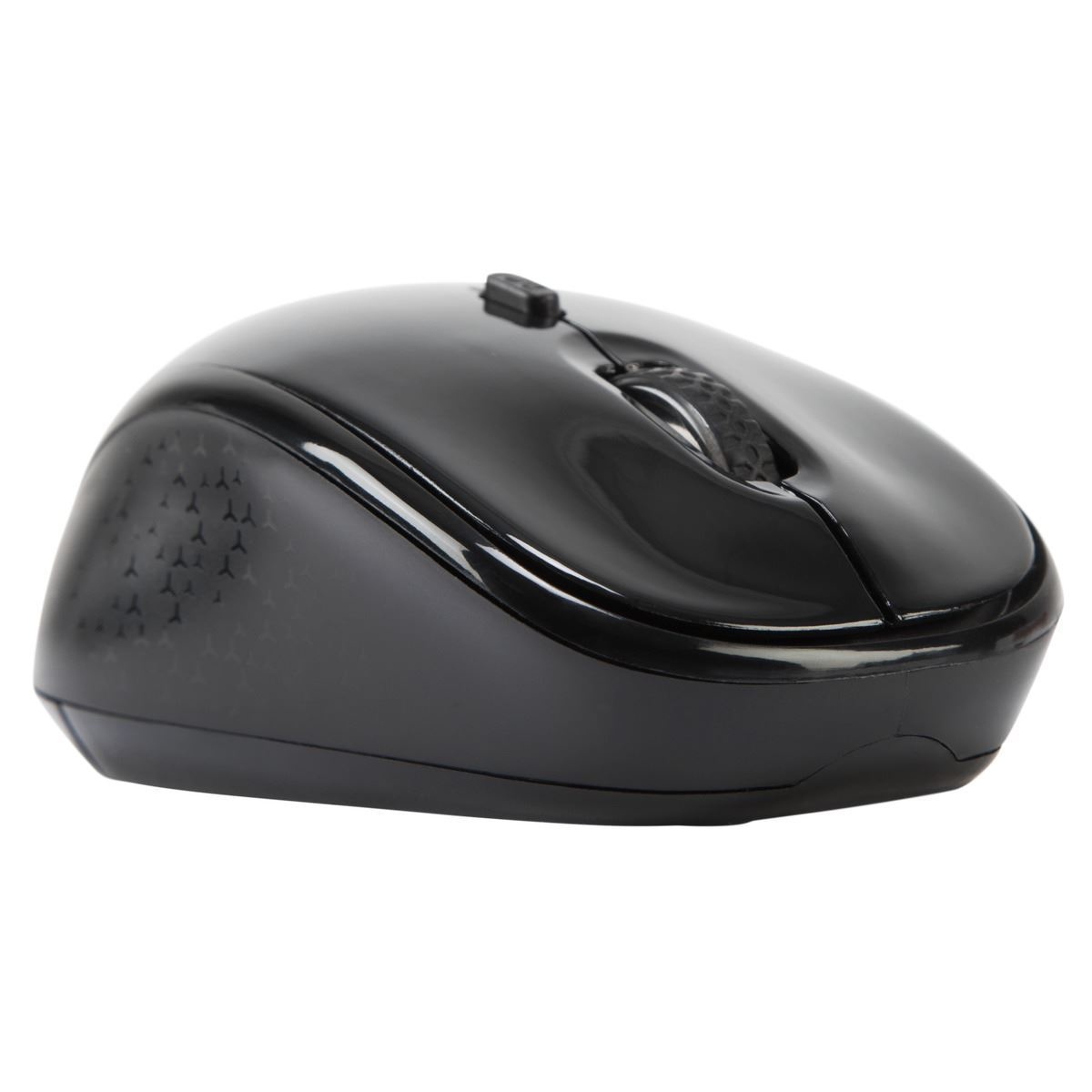 Black computer mouse. Glossy finish. Top view. Hexagon design on left side. Scroll wheel visible.
