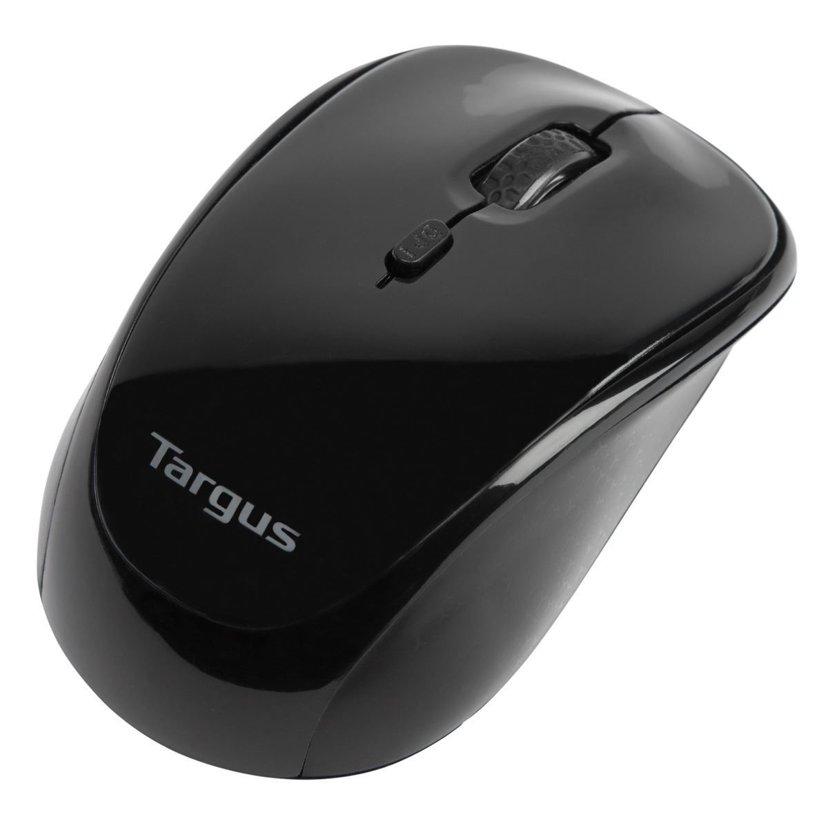 Black Targus wireless mouse. Glossy finish. Scroll wheel and buttons visible. White background.