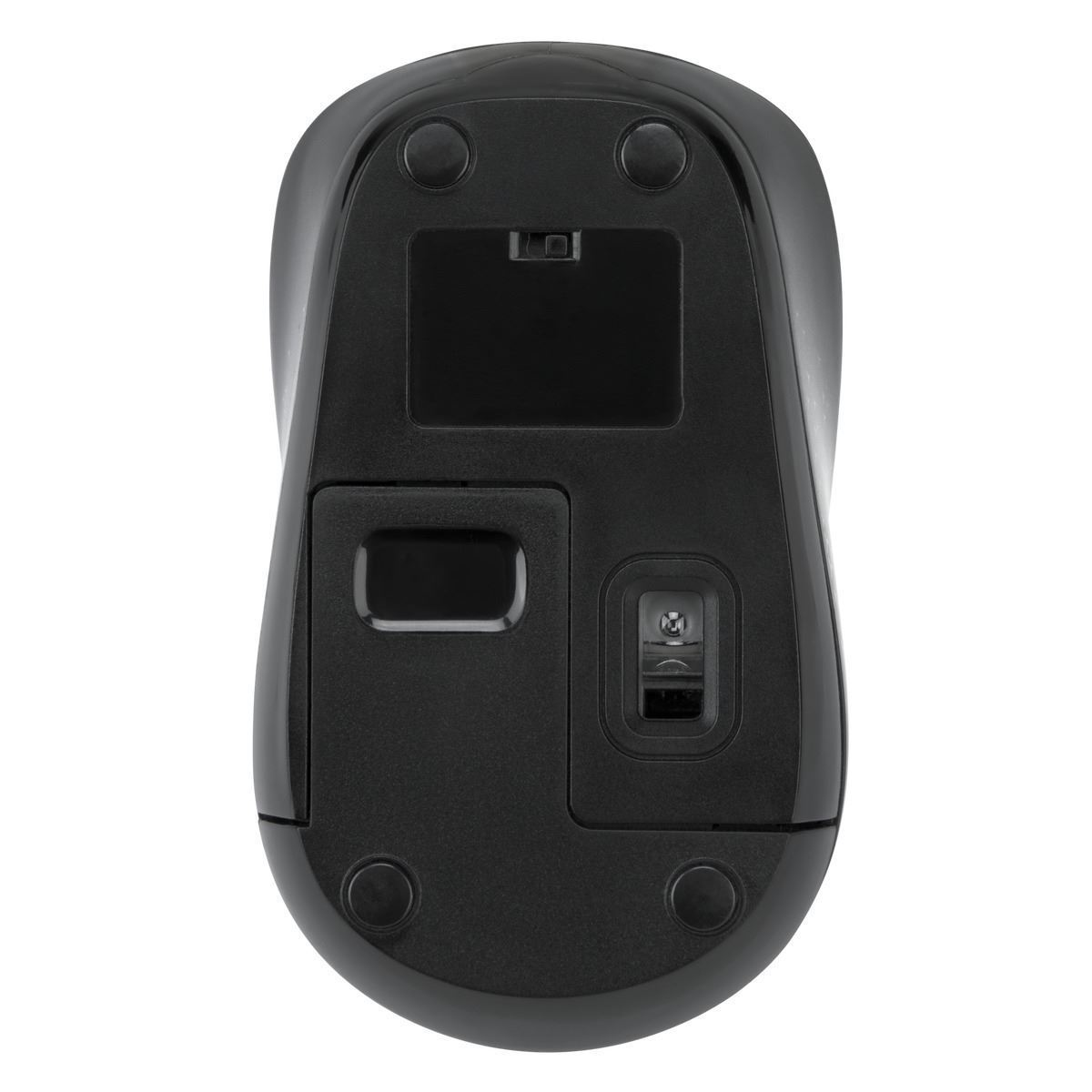 Underside of a black computer mouse. Shows battery compartment and other features.