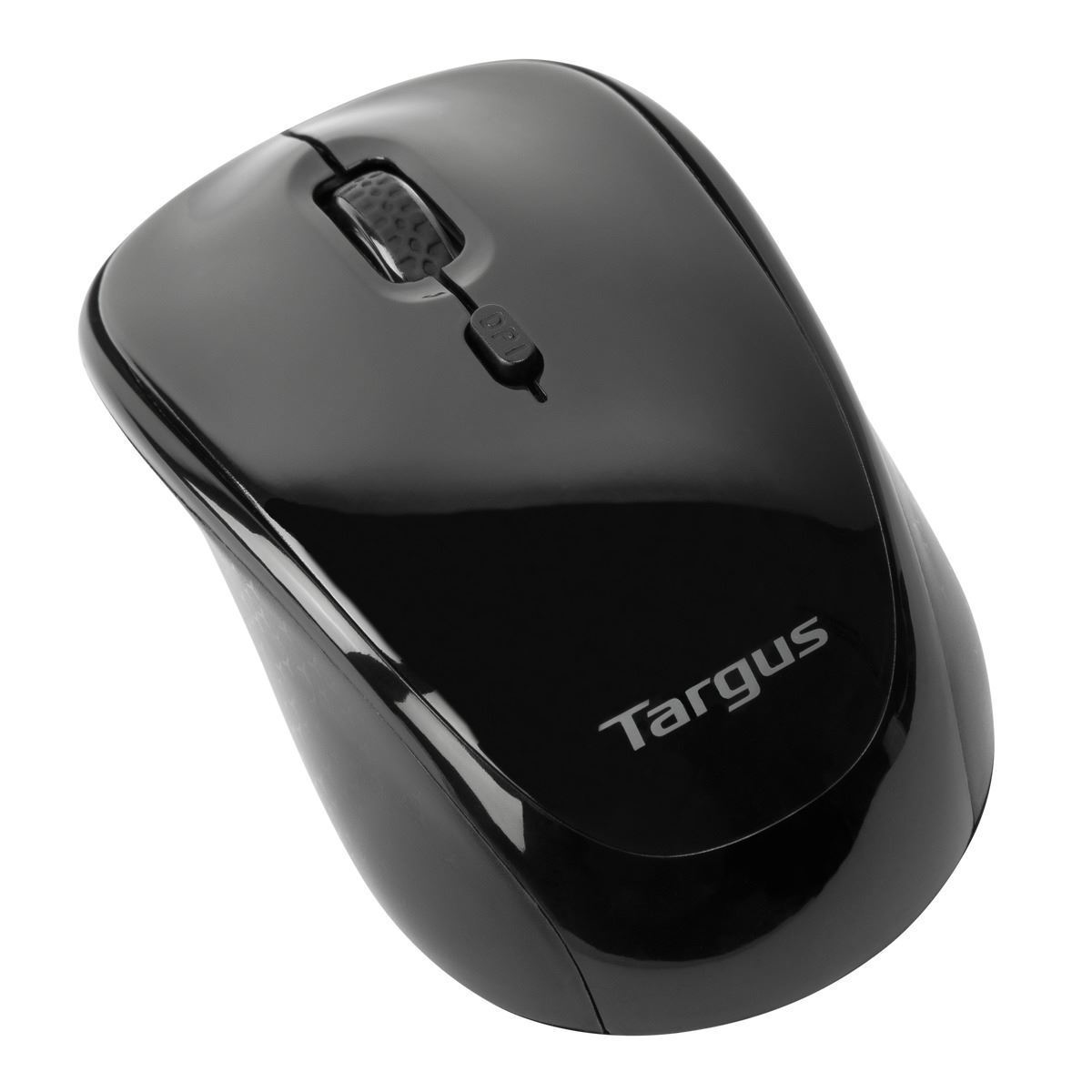 Black Targus computer mouse on a white background. The mouse has a scroll wheel and DPI button.