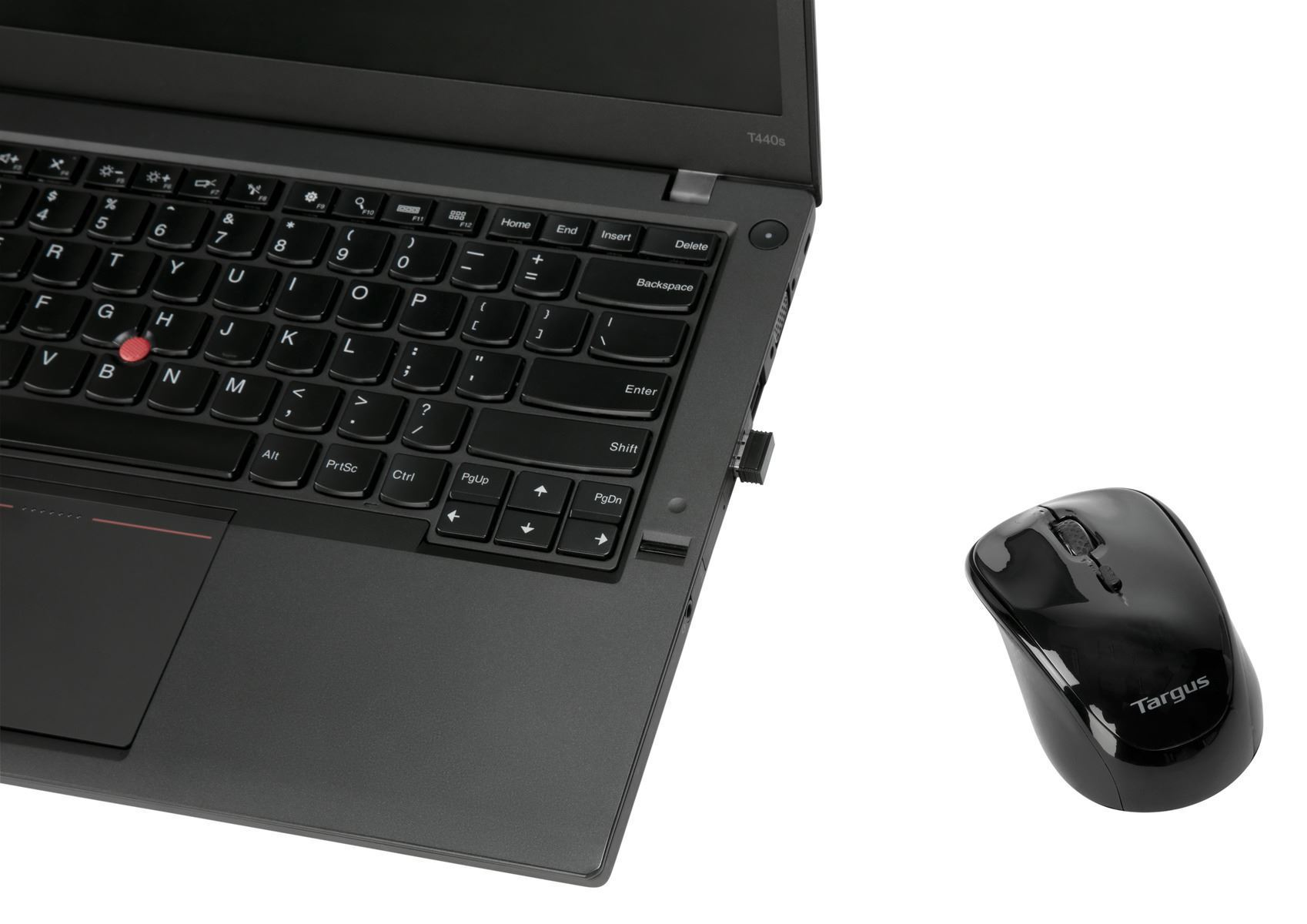 Laptop with mouse. Black laptop, mouse to the right. White background.