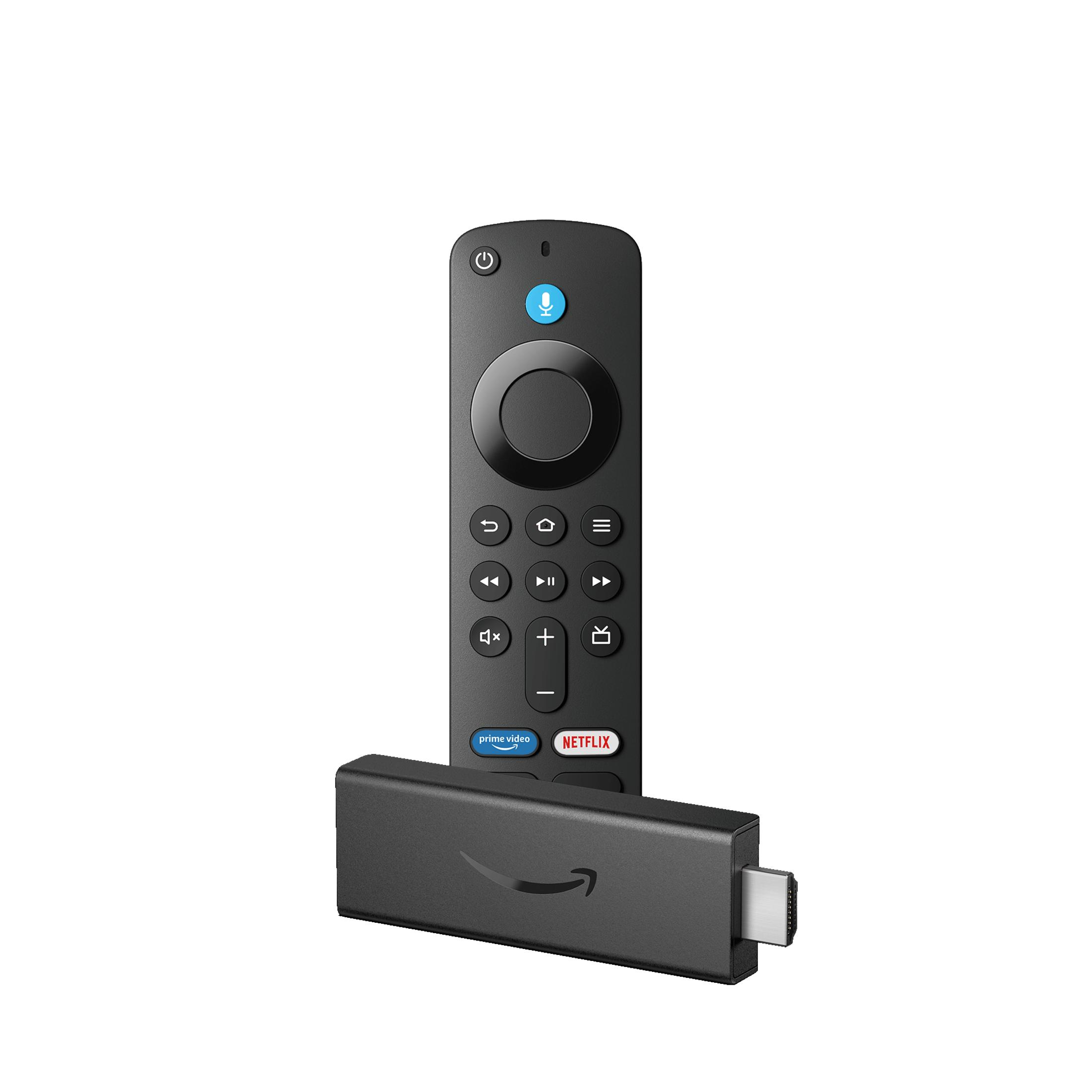 Telecomando nero Amazon Fire TV Stick e dispositivo di streaming.