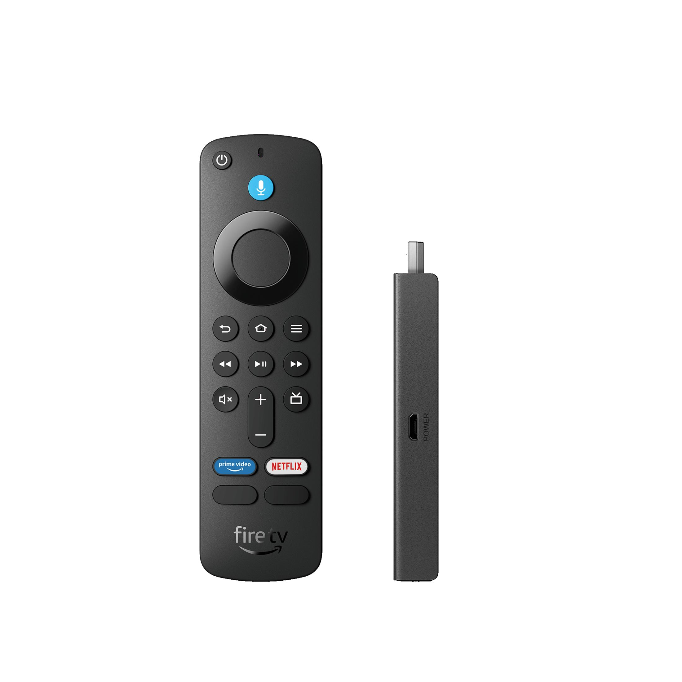 Fire TV Stick e telecomando neri. Pulsanti sul telecomando. Lo sfondo è bianco.