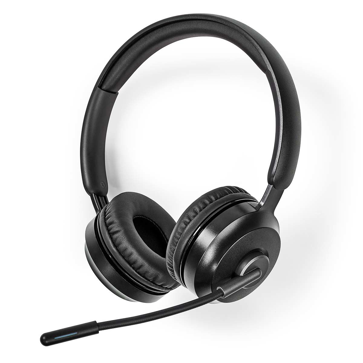 Schwarzes Headset mit Mikrofon. Die Ohrmuscheln sind kreisförmig und gepolstert. Das Mikrofon ist verstellbar.