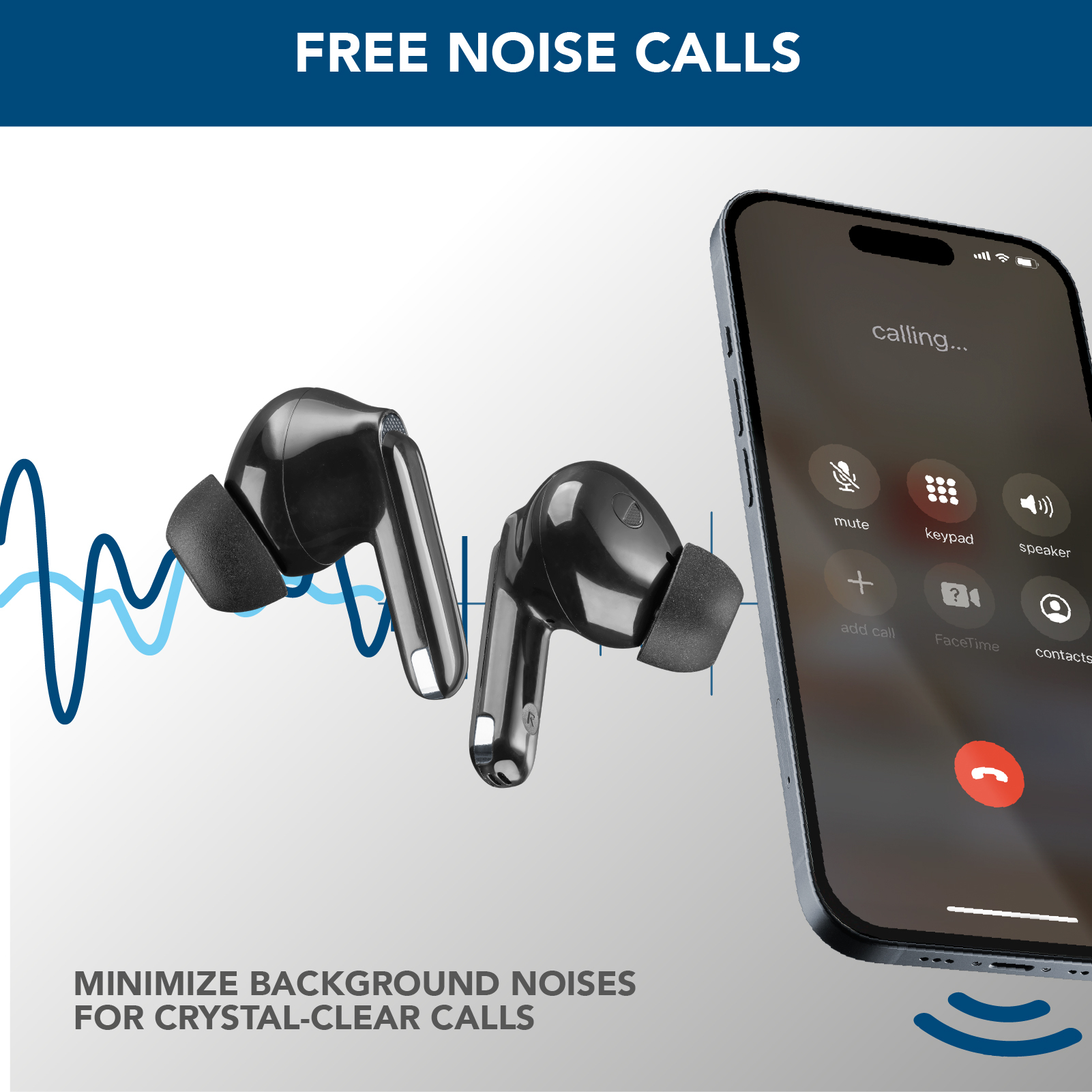 Czarne słuchawki obok smartfona z interfejsem połączenia. Tekst: 'FREE NOISE CALLS'.