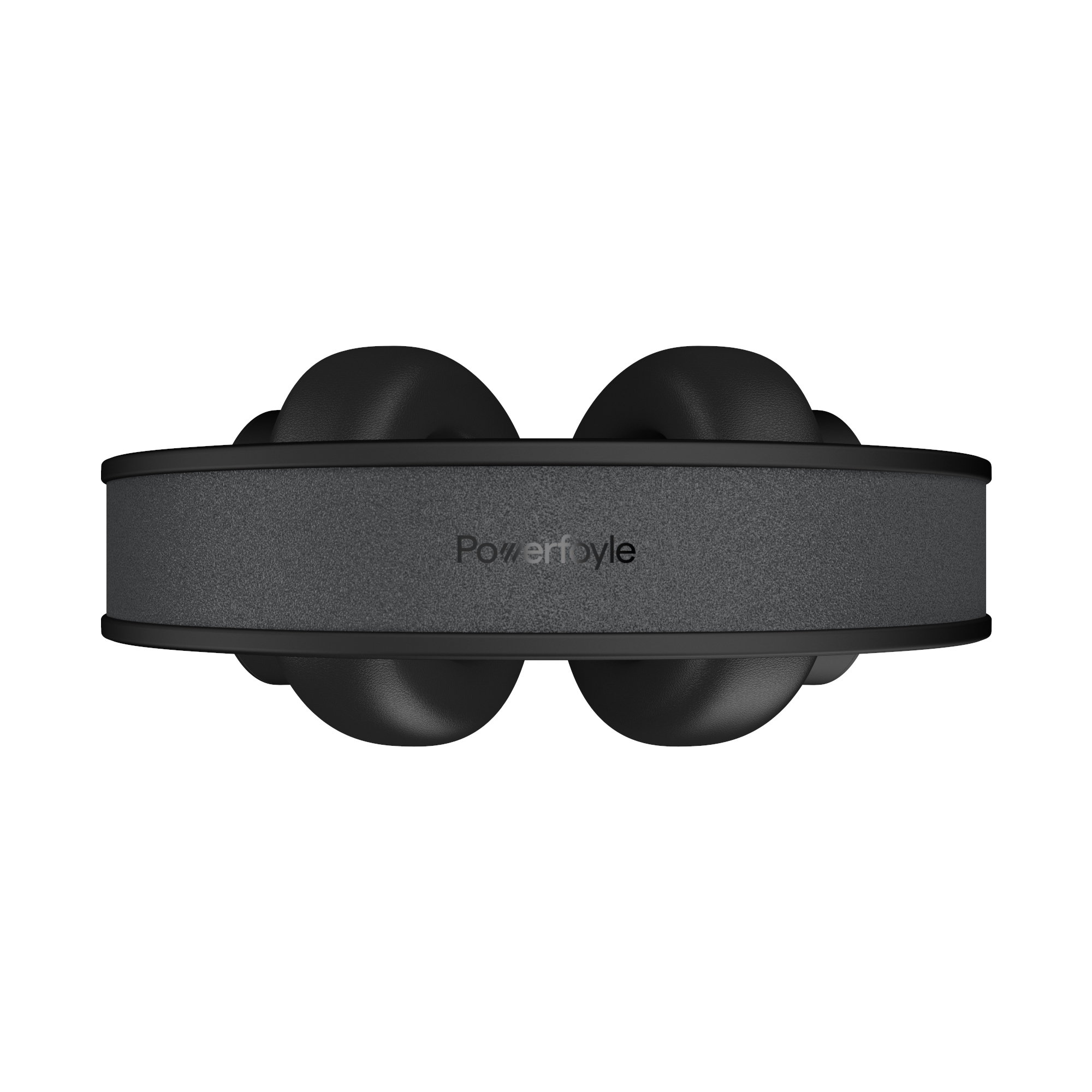 Czarne słuchawki widziane od dołu. Tekst "Powerfoyle" jest wydrukowany na górze.