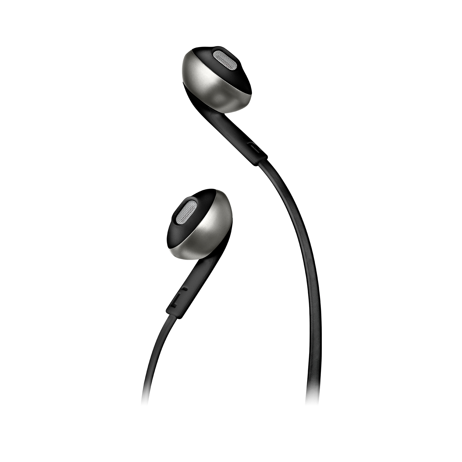 Auriculares negros y plateados con cable negro. Fondo blanco.