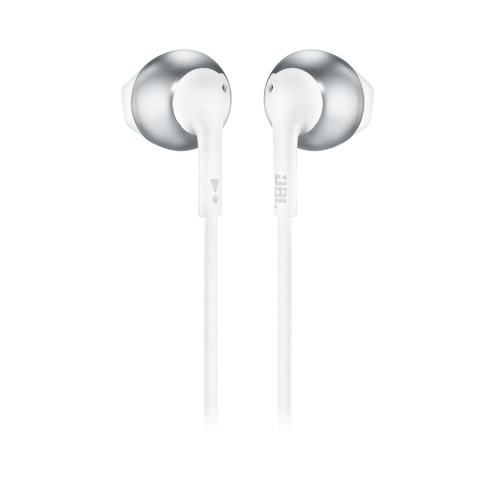 Auricolari bianchi con dettagli argentati. Gli auricolari hanno un cavo bianco.
